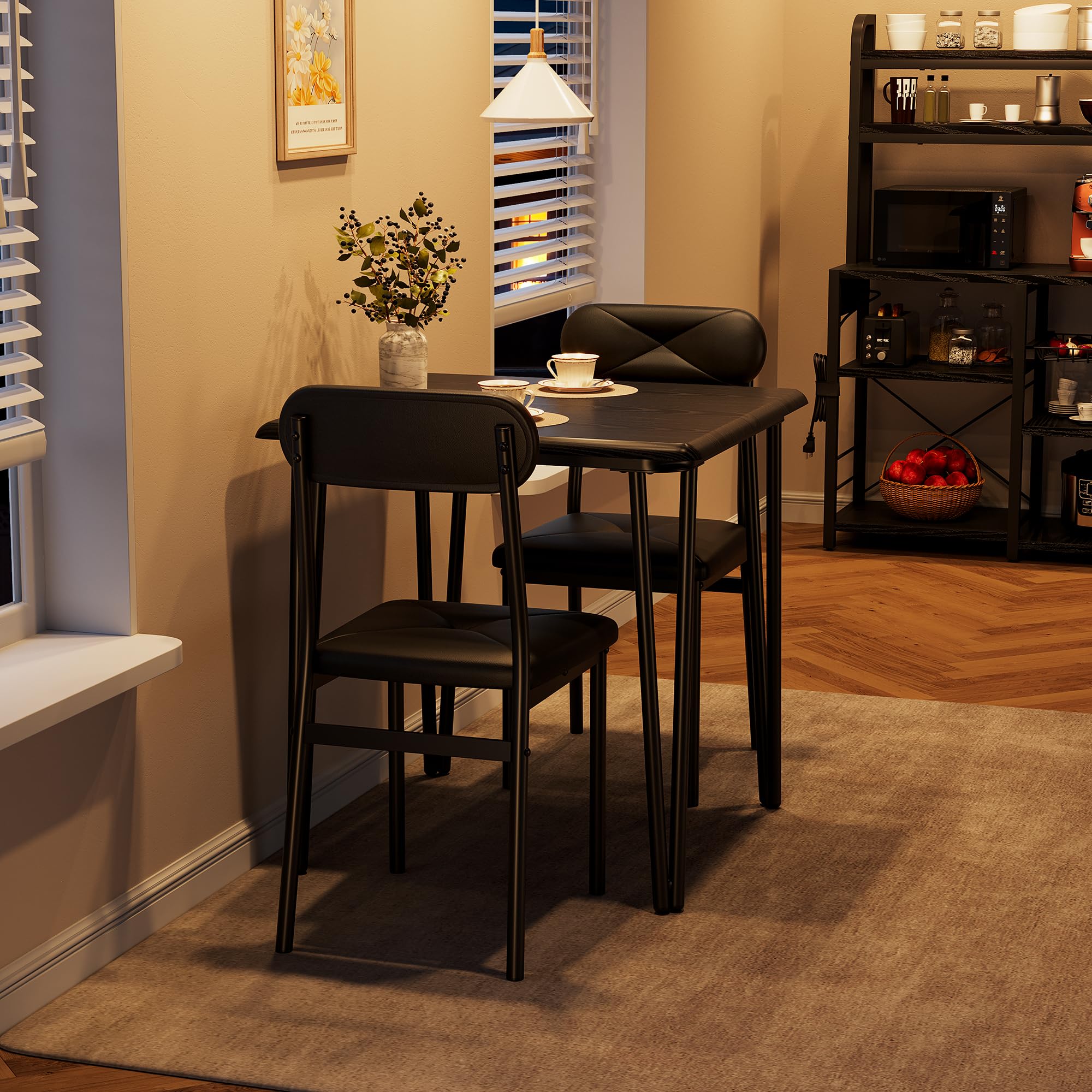 Modern Small Square Dining Table Set for 2 - Space Saving Wooden Kitchen Table with 2 Upholstered Chairs - Dark Finish Breakfast Nook Furniture for Small Apartments, Condos & Cozy Dining Spaces