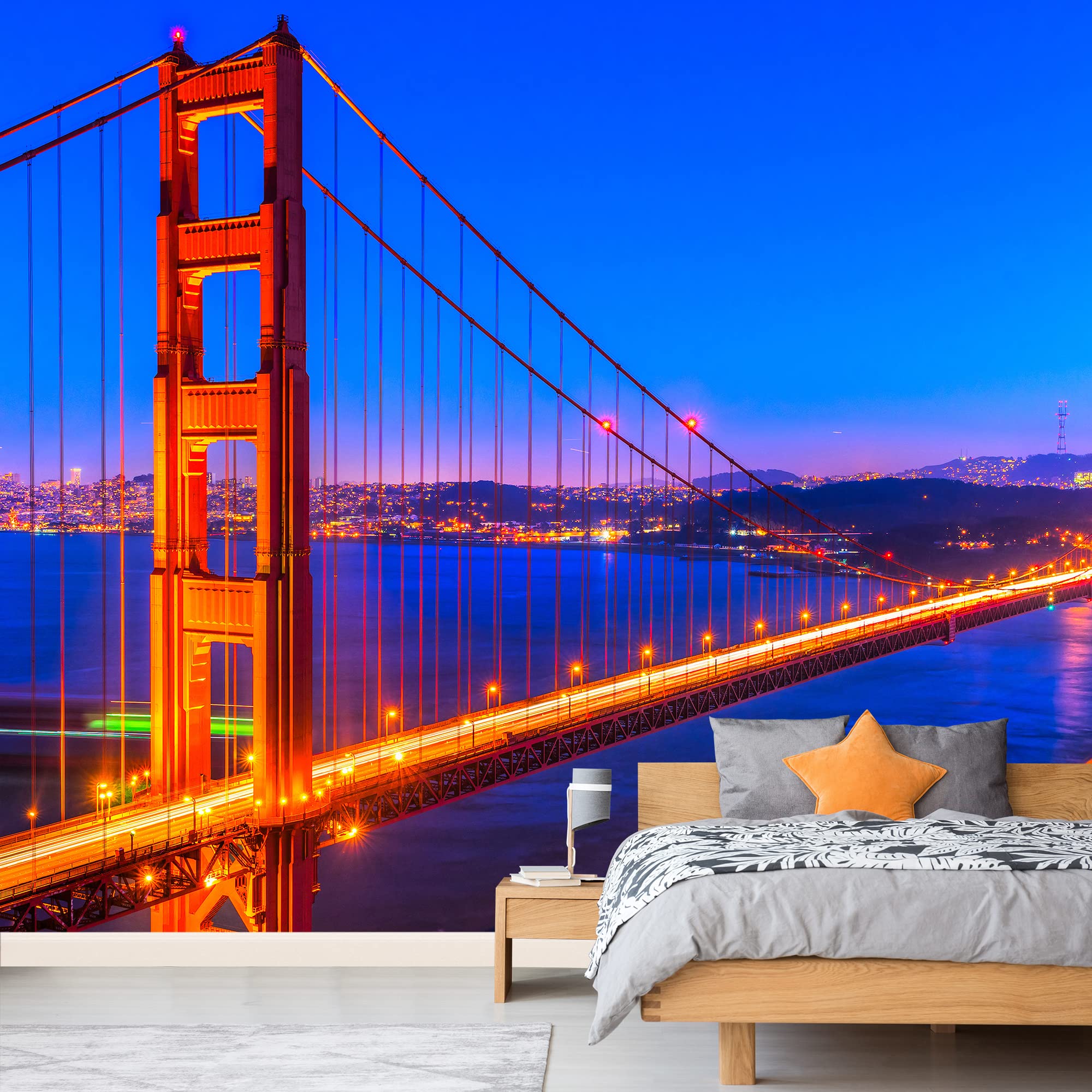 Wall26 Removable Wall Sticker & Mural - Golden Gate Bridge Night View with Neon Lights, Cityscape Photography, Urban Landscape Art for Living Room, Bedroom, Office Decor - 100