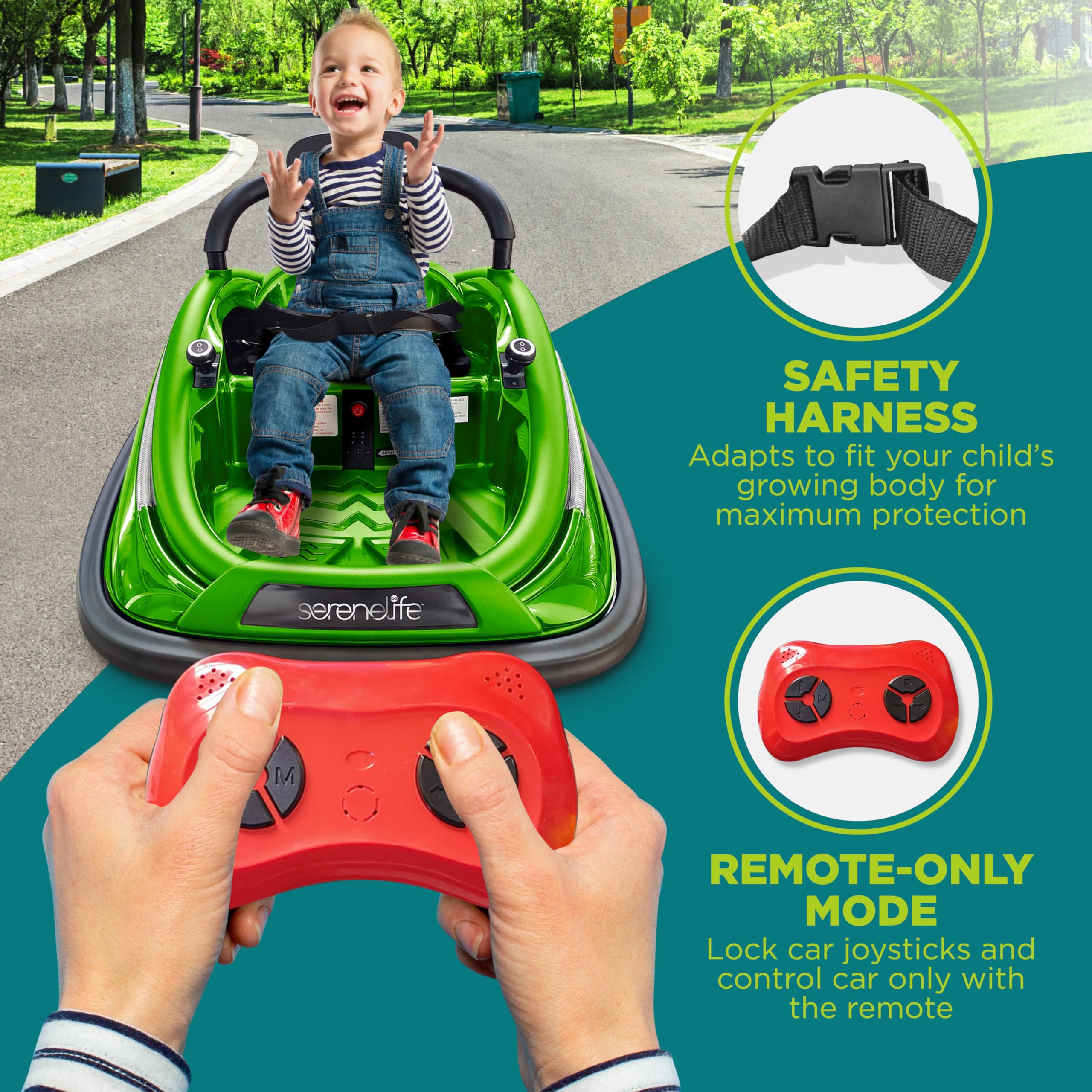Electric Bumper Car for Kids - 12V Rechargeable Battery Powered Ride On Toy with 2 Speed Modes, Parent Remote Control & Safety Belt | 360° Spin, LED Lights, Dual Joystick | Indoor & Outdoor Play for Toddlers (Green)