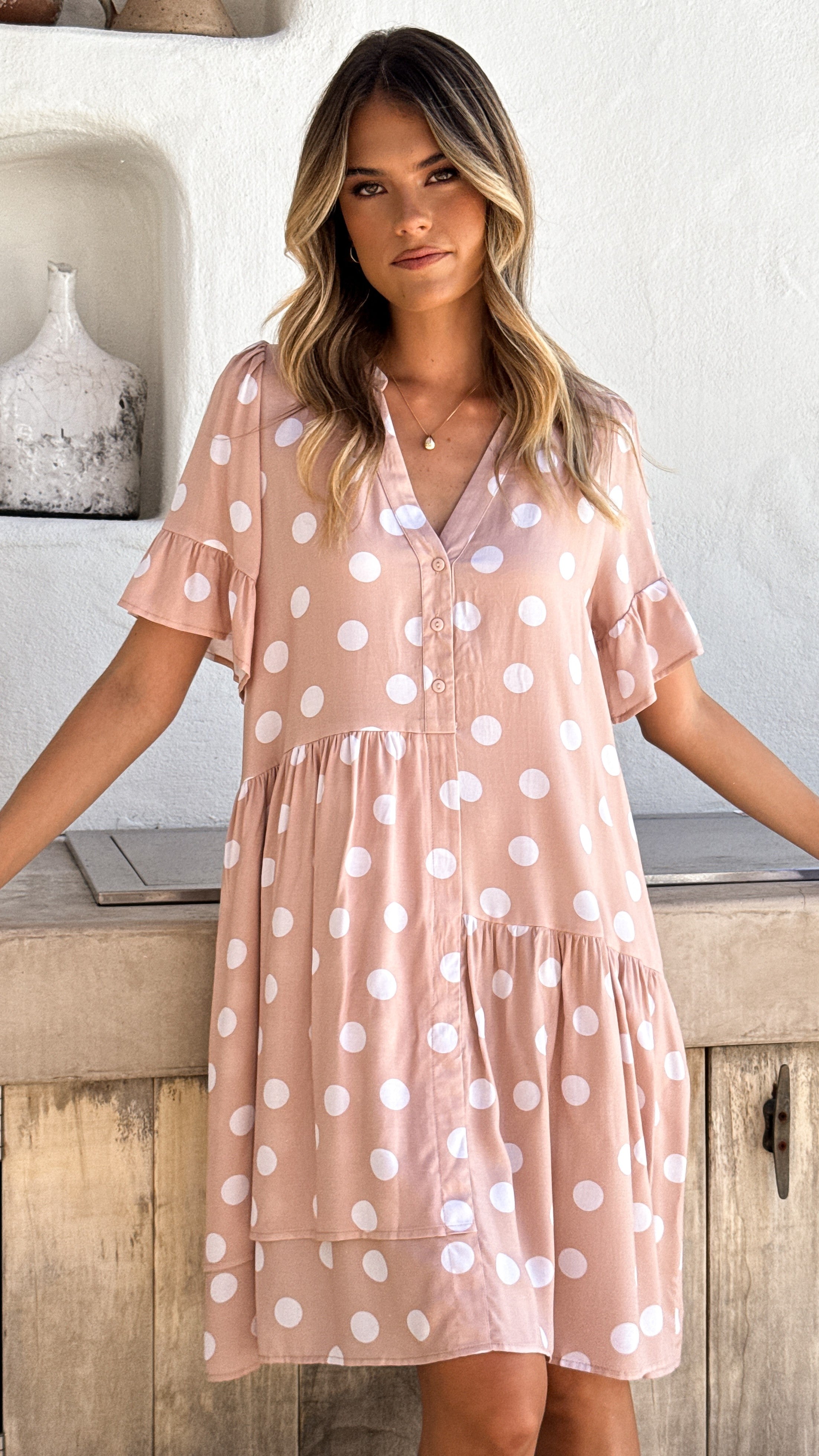 Lyssa Mini Dress - Beige & White Polka Dot Summer Casual Dress for Women | Perfect for Beach, Party & Date Night