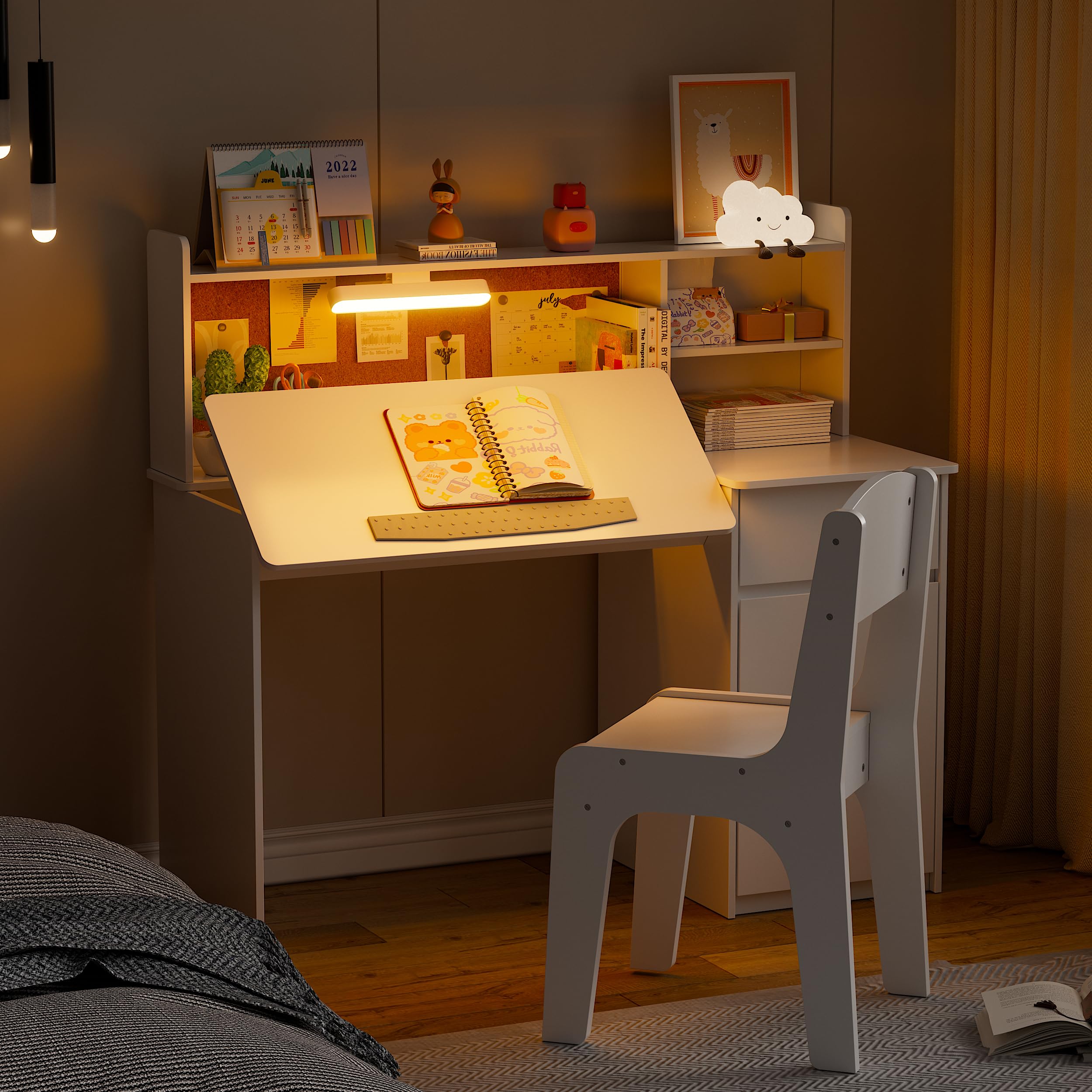PAKASEPT Kids Study Desk and Chair Set with 3-Color Lights, Adjustable Tilt Desktop & Storage Hutch - Ergonomic Writing Table for Children Ages 5-12 - Perfect for Homework, Drawing & Bedroom Organization