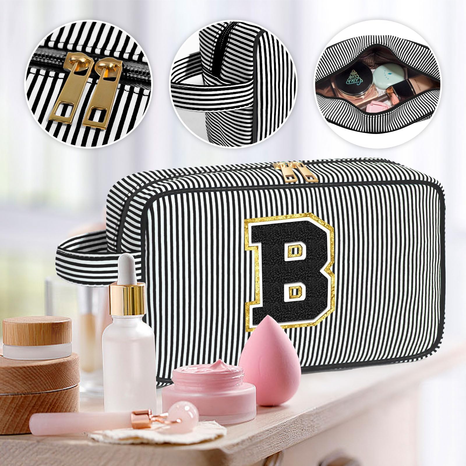 Personalized Initial Makeup Bag for Women - Black Cosmetic Pouch Travel Toiletry Organizer | Birthday Valentine's Day Gift for Her, Mom, Girlfriend | Perfect for Travel, Gym, Bridal Shower & Everyday Use