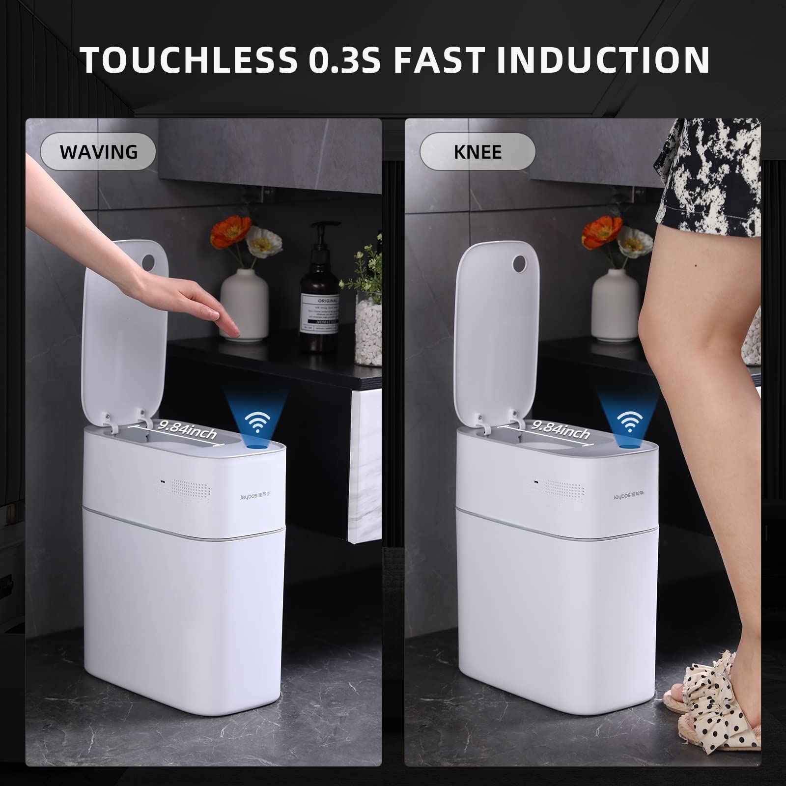 MOPALL 3.5 Gallon Motion Sensor Trash Can with Lid - Automatic Touchless Bathroom Garbage Bin, Waterproof Plastic, Narrow Design for Small Spaces, White - Perfect for Bathrooms, Kitchens, Offices & Bedrooms