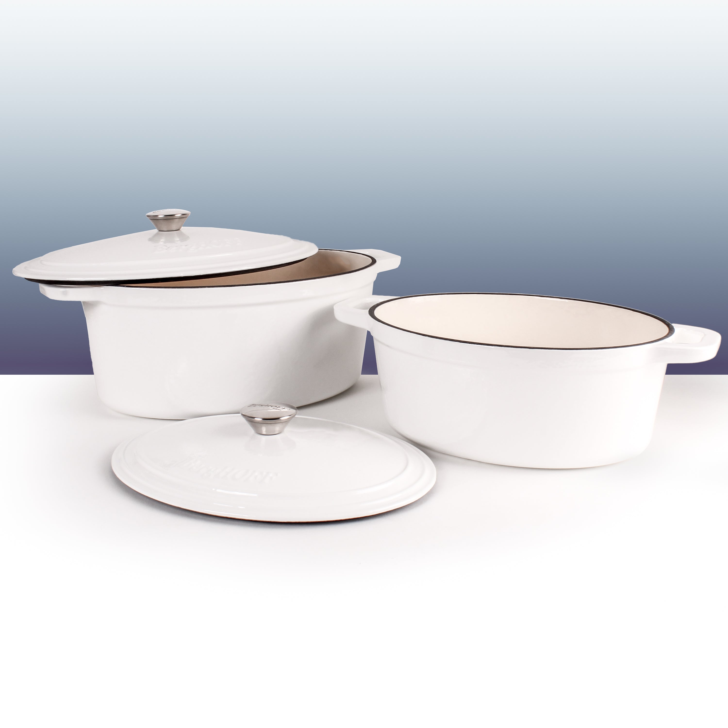BergHOFF Neo 4-Piece Cast Iron Cookware Set - 5 Quart & 8 Quart Dutch Oven with Lid - Premium White Enameled Cookware for Baking, Braising & Serving - Perfect for Stovetop, Oven & Tabletop Use