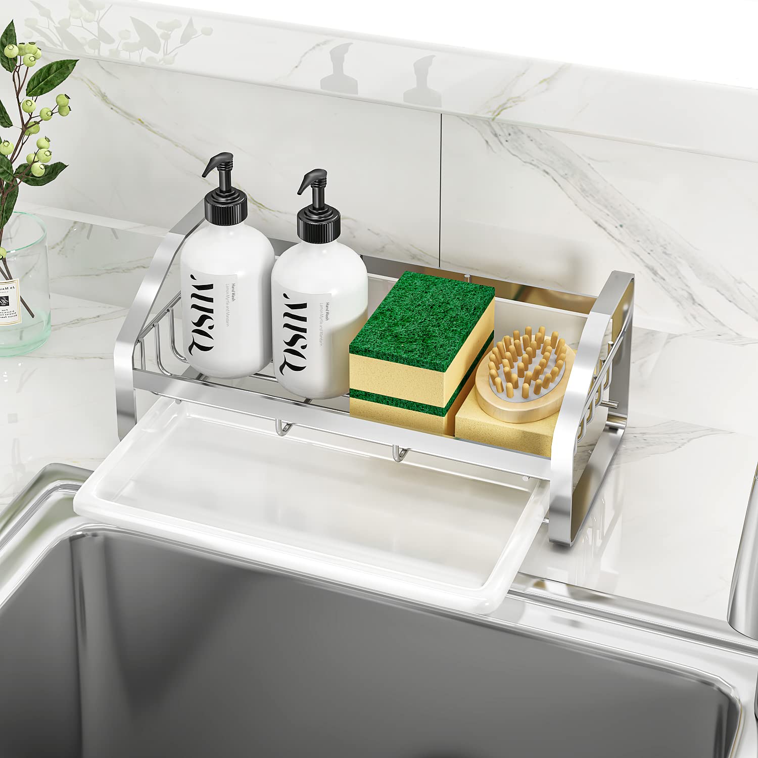 Stainless Steel Sink Caddy & Sponge Holder - 304 Stainless Steel Kitchen & Bathroom Sink Organizer with Removable Drain Tray - Countertop Soap Tray for Sponges, Brushes & Cleaning Supplies - Perfect for Kitchen, Bathroom & Utility Sink Organization (Silver)
