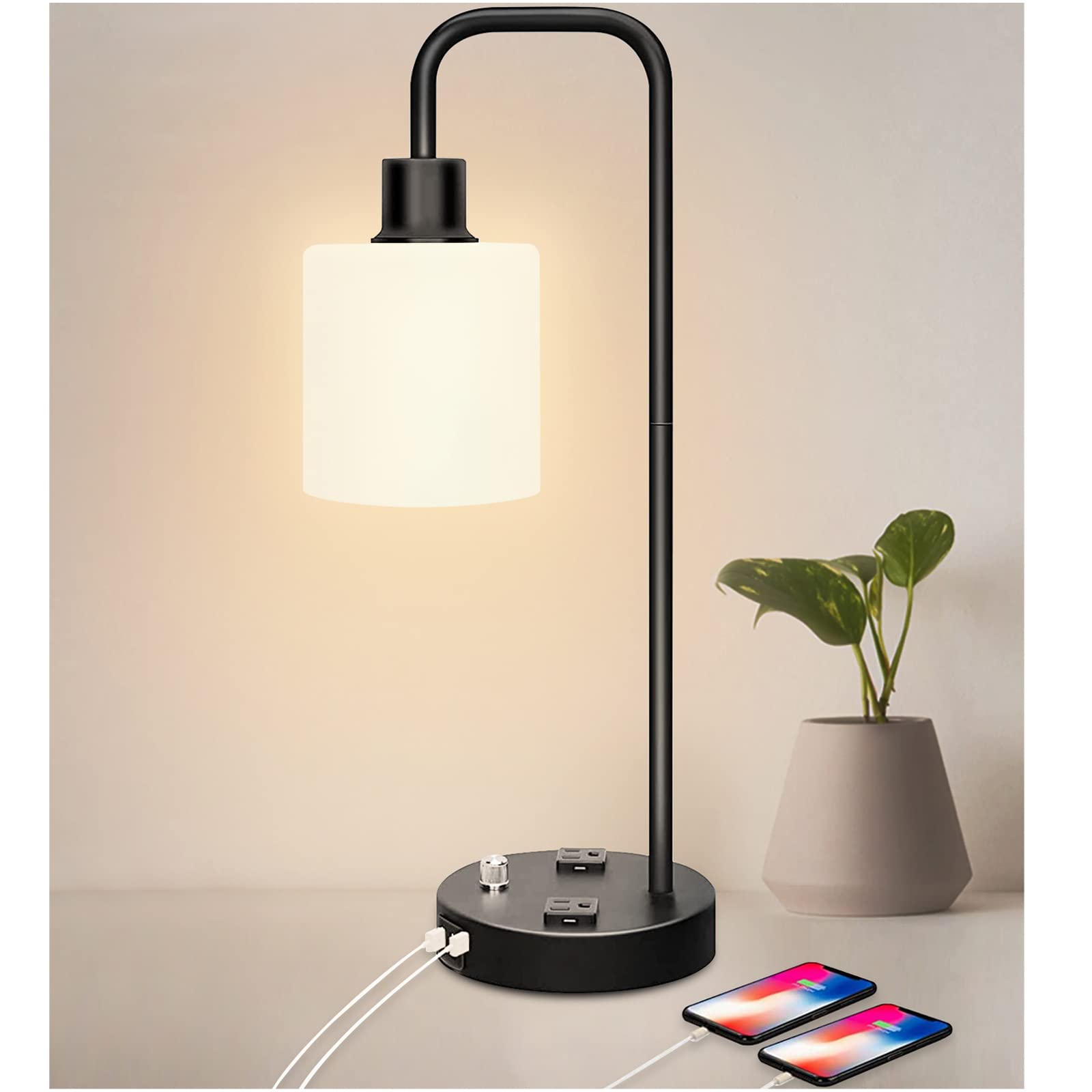 Escolite Bedside Lamp with 2 USB Ports & Outlet - Dimmable Frosted Shade Table Lamp for Bedroom, Nightstand, Office, Dorm - Perfect for Reading, Working & Night Light in Living Room, Kids Room & Study Area