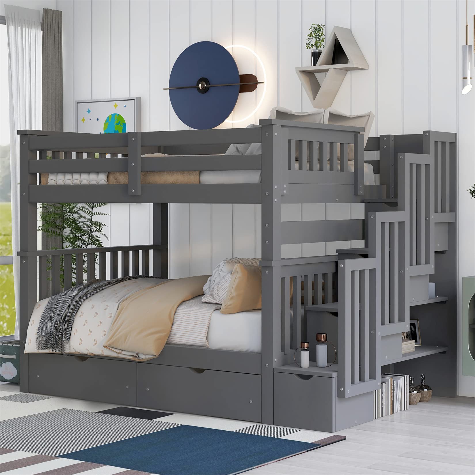 Full Over Full Bunk Bed with Storage & Stairs - Space-Saving for Kids & Adults