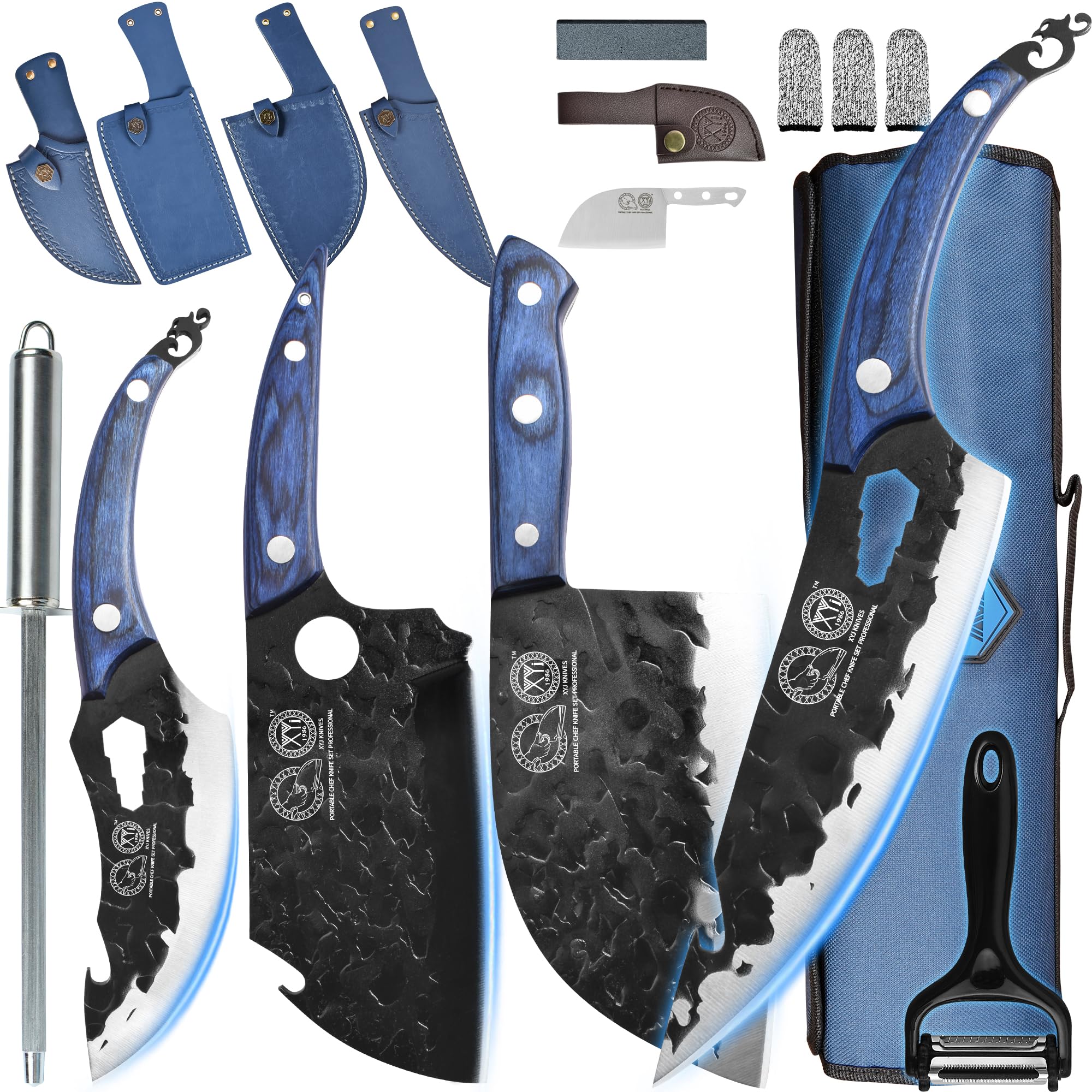 XYJ Professional Portable Chef Knife Set with Bag & Sheath - Full Tang Camping & Culinary Kitchen Knives for Meat Cutting, Slicing & Cooking Since 1986 - Perfect for Outdoor Adventures, Home Kitchens & BBQ Parties