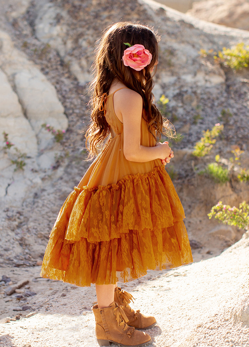 Catrina Dress in Marigold - Mexican Folkloric Floral Maxi Dress for Women | Perfect for Day of the Dead Celebrations, Halloween Costumes & Latin Festivals