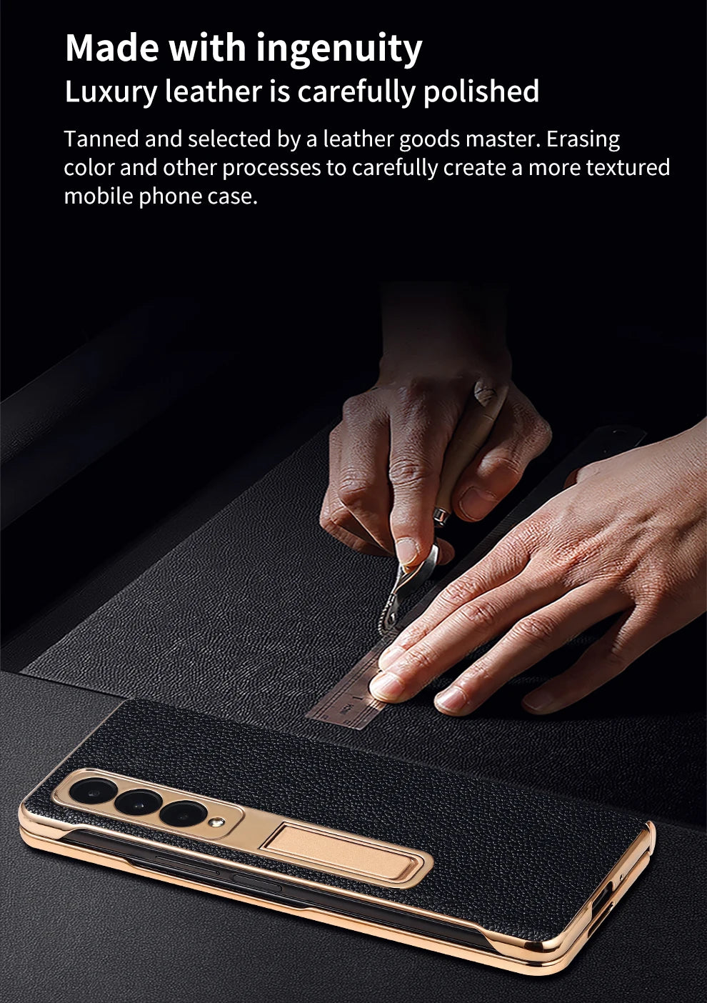 Premium Real Leather Phone Case for Samsung Galaxy Z Fold 6 with Hinge Kickstand - Slim Protective Cover for Work, Travel & Everyday Use