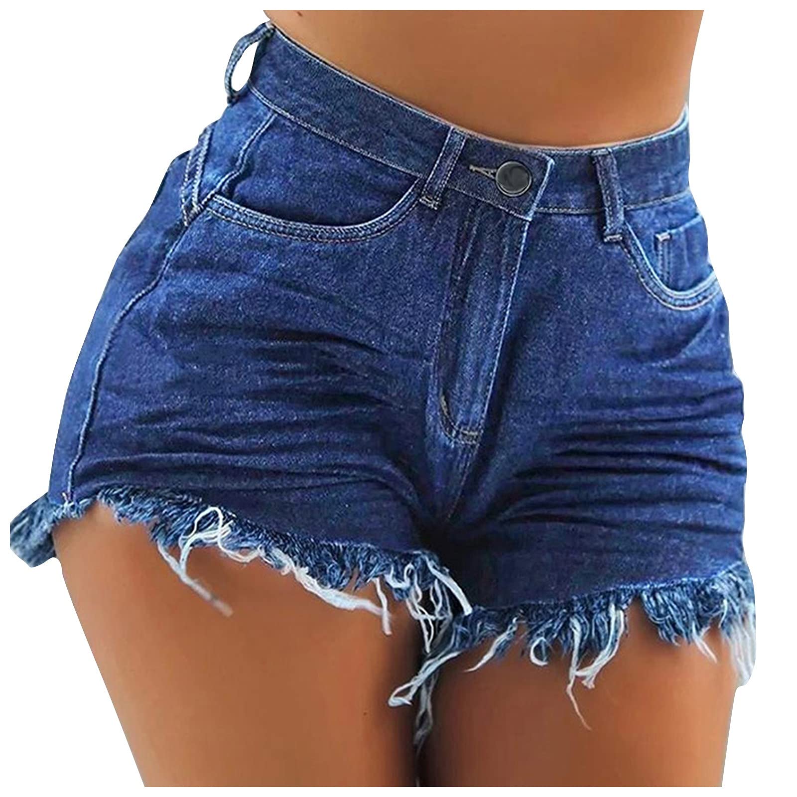 Women's Stretch Denim Shorts with Frayed Edge & Ripped Details - High Waist Summer Shorts for Casual Outfits, Beach Vacations and Music Festivals