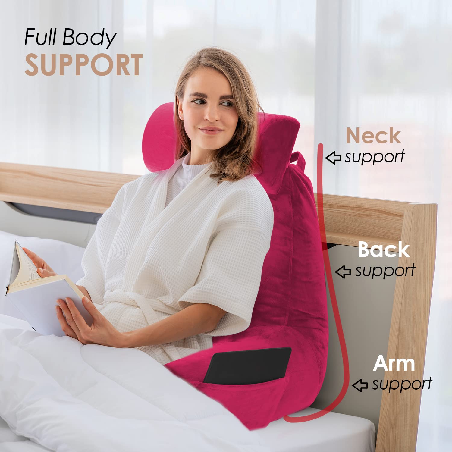 Nestl Large Reading Pillow for Bed - Shredded Memory Foam Back Support Pillow with Pockets - Perfect for Reading, Watching TV, or Relaxing in Bed - Hot Pink Bed Chair Arm Pillow for Adults & Kids