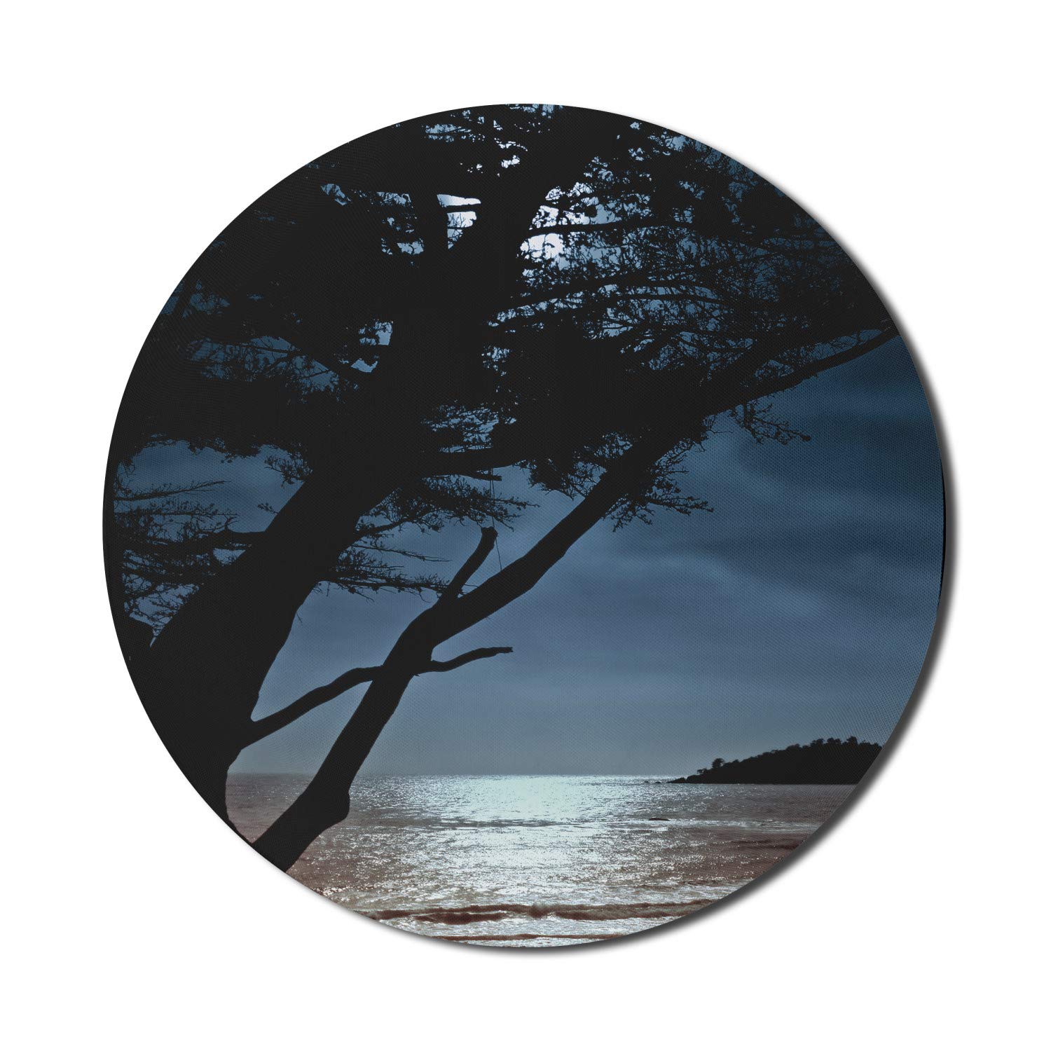 Ambesonne Round Non-Slip Rubber Gaming Mouse Pad - 8 Inch Black & Blue Landscape Design with Romantic Tree Silhouettes & Ocean Waves - Perfect for Office, Home Computer & Gaming Setup