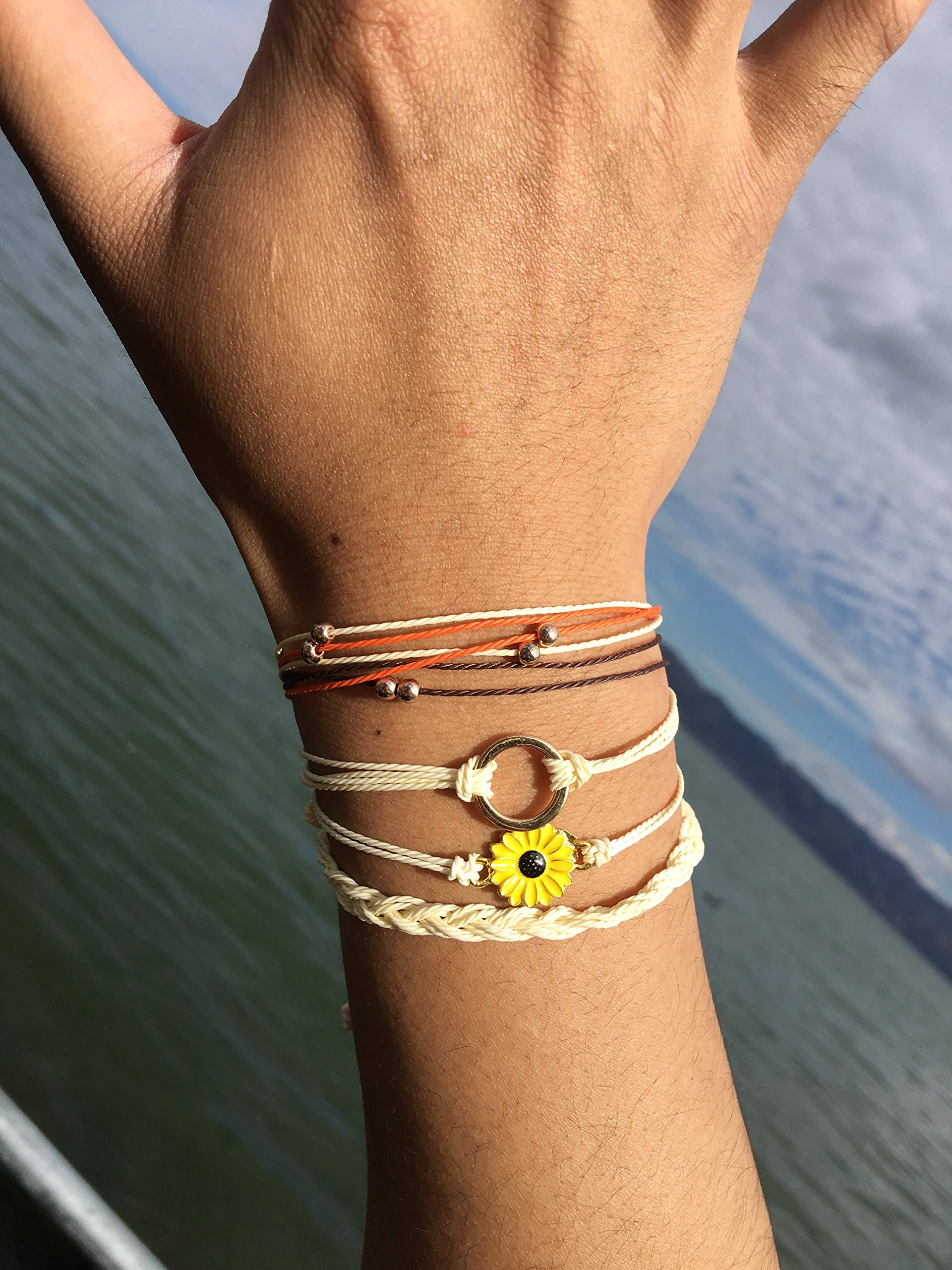 Boho Friendship Bracelets for Women - Adjustable Sunflower & Blue Beaded Bracelet Set - Stackable Surfer Beach Bracelets - Summer Essentials & Stocking Stuffers - Perfect for Gifts, Parties, and Beach Vacations