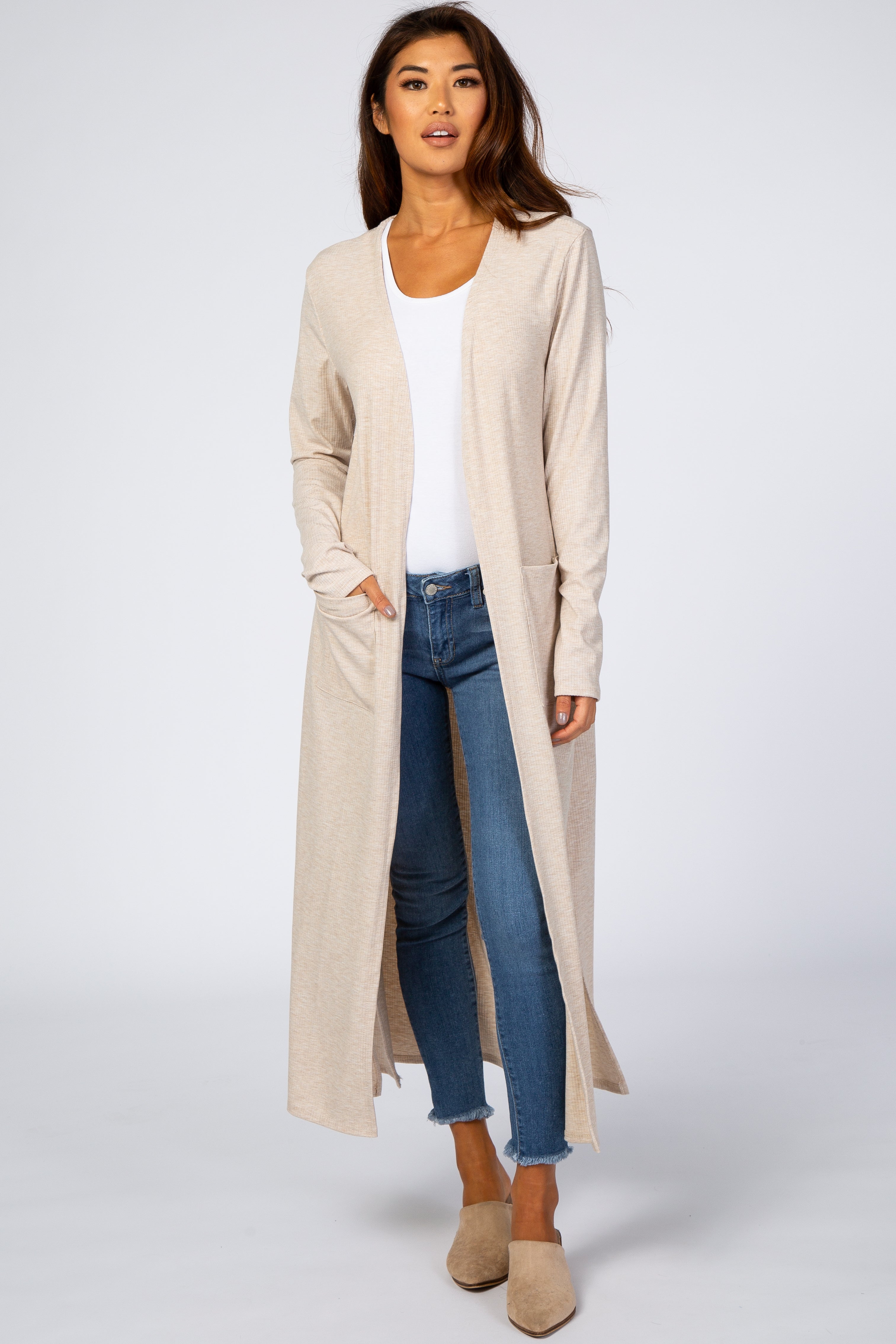 Beige Ribbed Long Sleeve Duster Cardigan for Women - Cozy Open Front Knit Sweater Wrap - Perfect for Fall, Winter & Layering Outfits