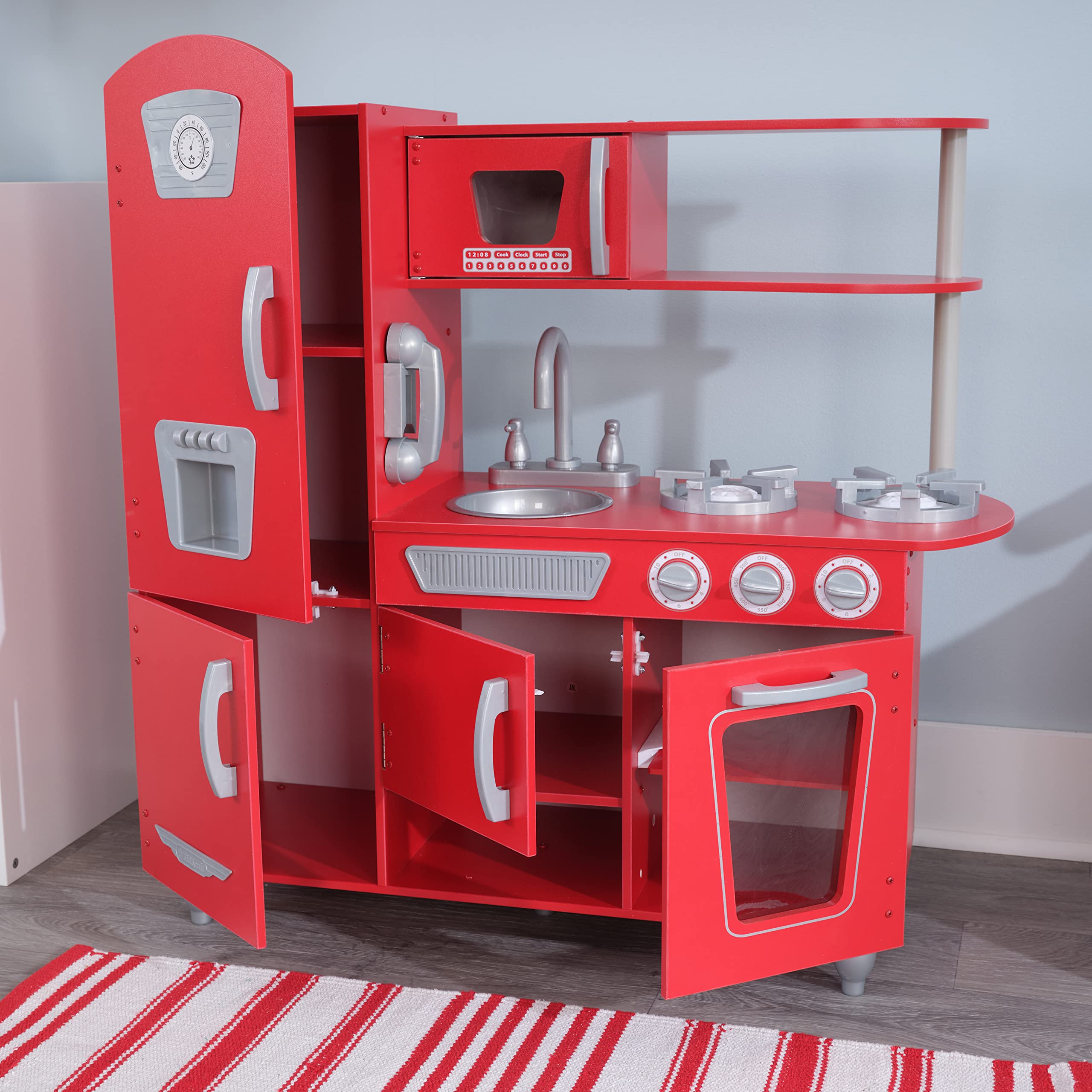 KidKraft Red Vintage Wooden Play Kitchen Set with Stainless Steel-Look Trim & Play Phone - Pretend Cooking Toy for Toddlers & Kids Ages 3+ - Perfect for Imaginative Play, Birthday Gifts & Preschool Learning