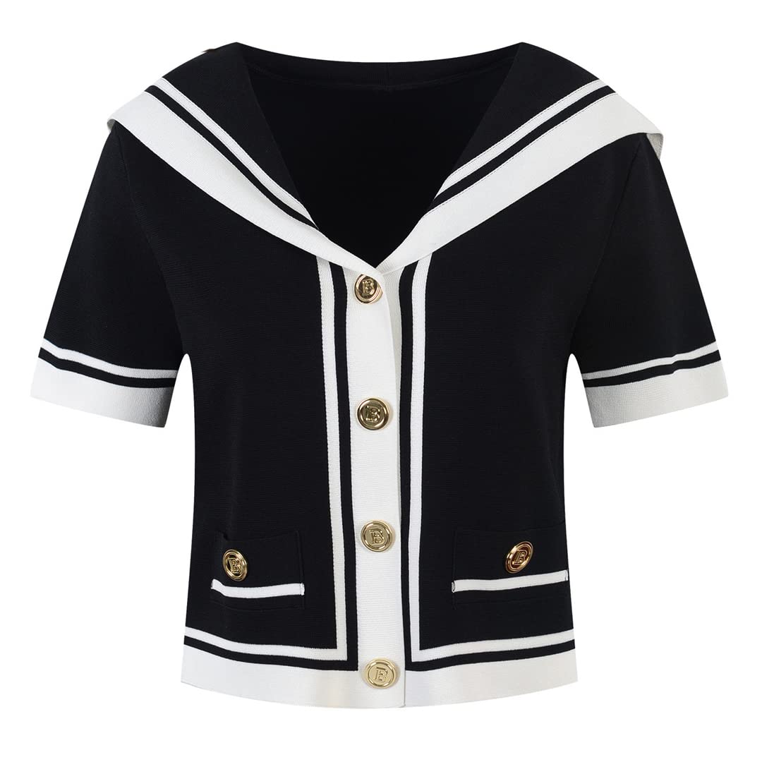 Korean Striped Knitted Cardigan for Women - Summer Short Sleeve White Top M | Casual Outfit, Beach Cover-Up, Office Wear
