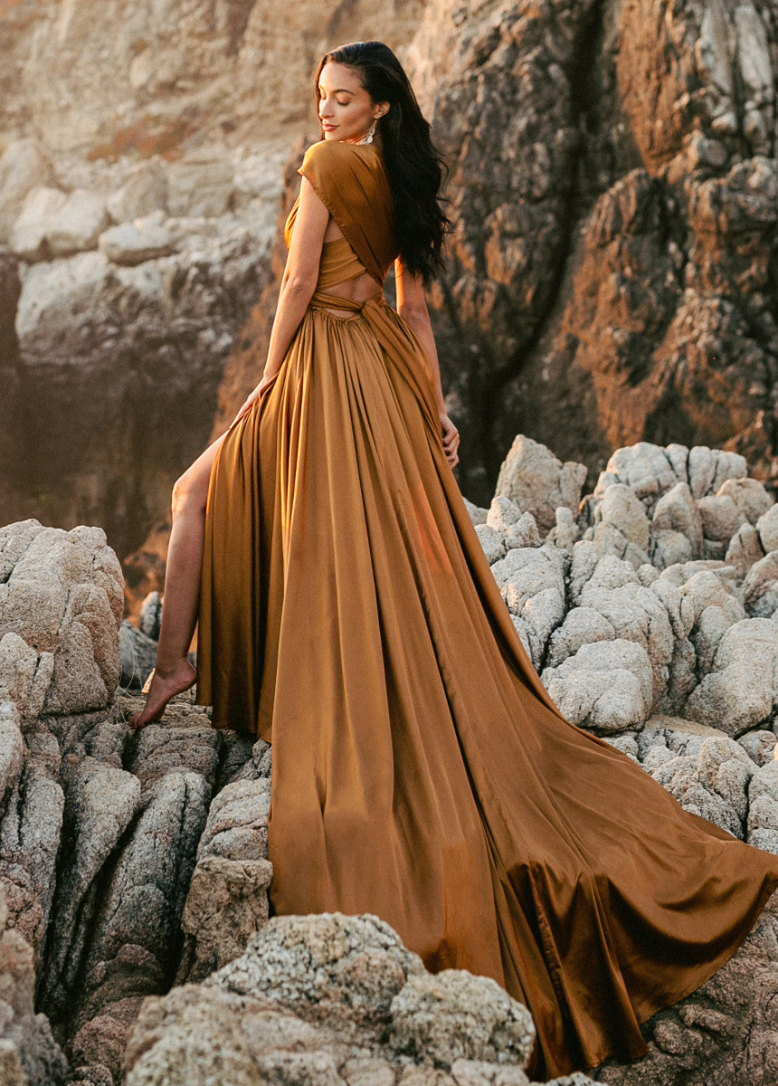 June Impact Dress in Dark Honey - Elegant Flowy Midi Dress for Women, Perfect for Summer Weddings, Parties & Date Nights