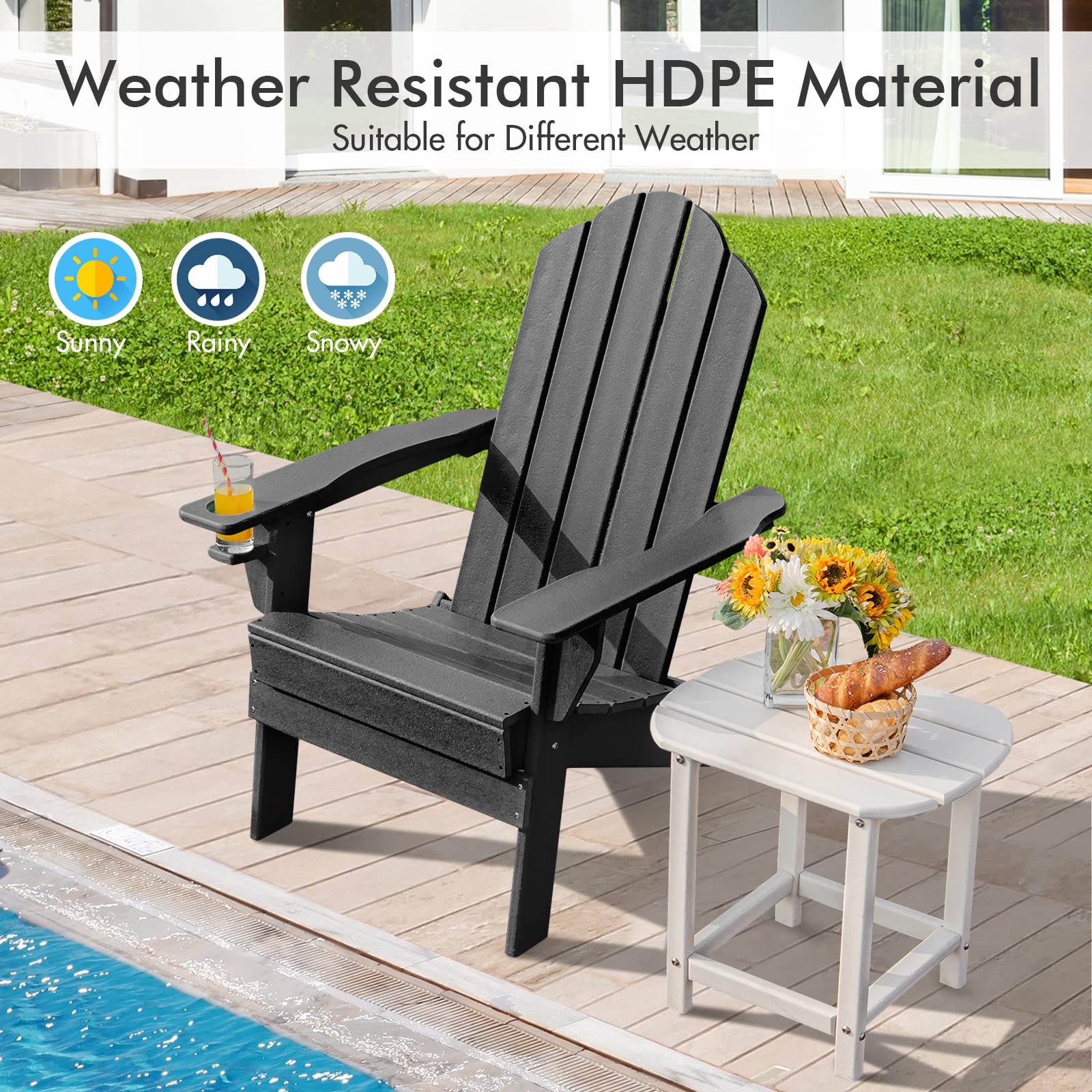 **Giantex Adirondack Chair - Outdoor Folding Patio Chair with Cup Holder, HDPE Weather-Resistant, Lightweight & Durable for Backyard, Deck, Garden, Poolside, Camping (Black, 1-Pack)**    *Perfect for relaxing by the fire pit, hosting outdoor gatherings, or enjoying a sunny afternoon with a cold drink.*