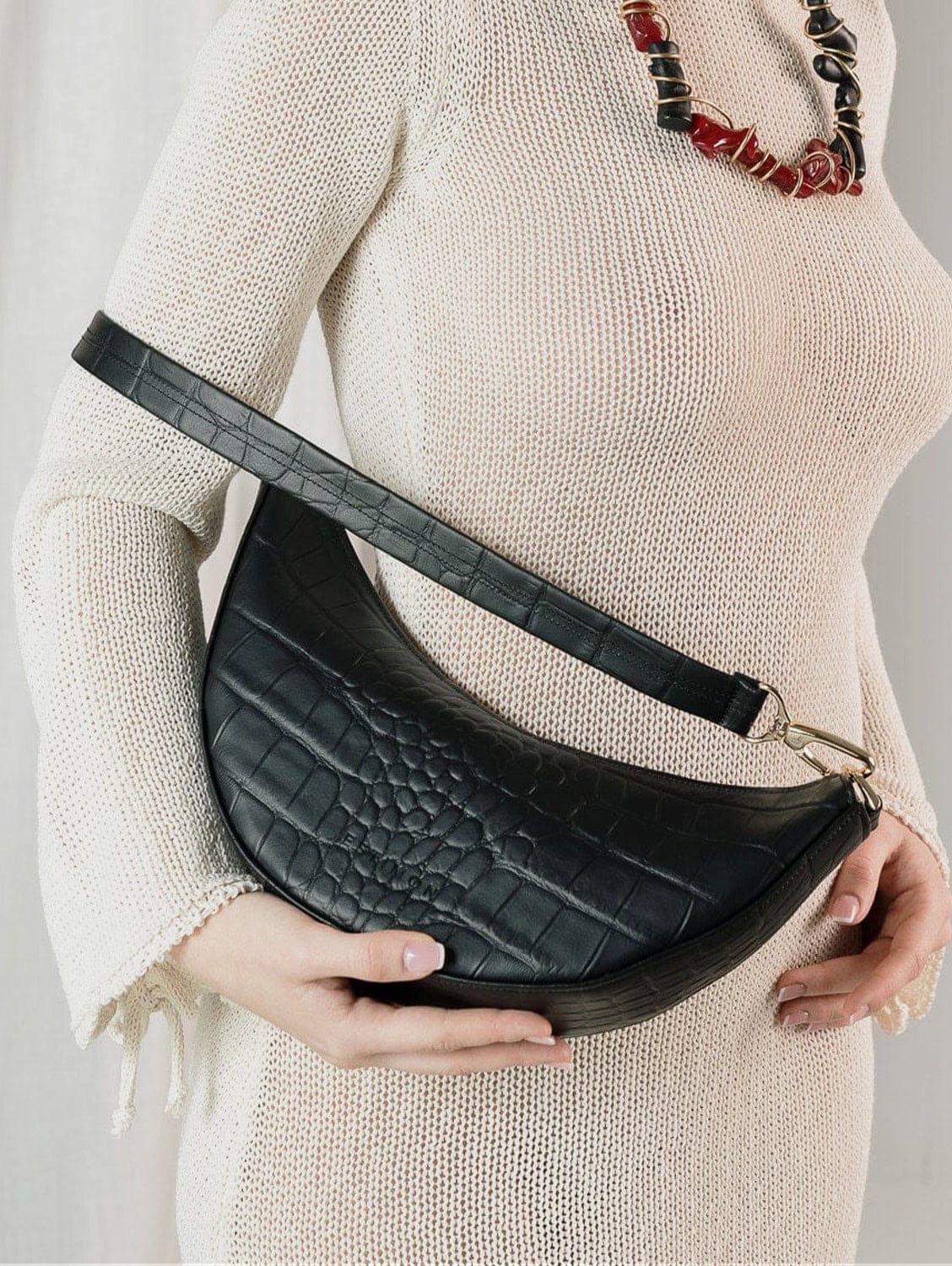 Mini Hobo Vegan Leather Bag - Black Crocodile Embossed Crossbody Purse for Women | Perfect for Work, Travel & Everyday Use