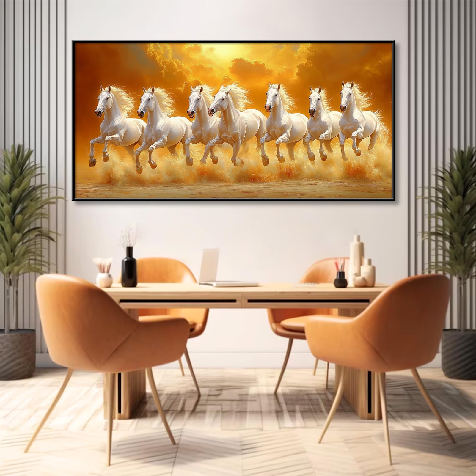 7 Running White Horses Canvas Wall Art - Gold Metal Framed (23