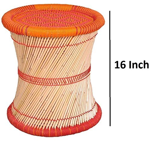 HeeMo Eco-Friendly Cane Wood Bamboo Sitting Stool - Lightweight & Durable Indoor/Outdoor Stool for Patio, Garden, Living Room, or Camping (Red, Orange: Set of 1)