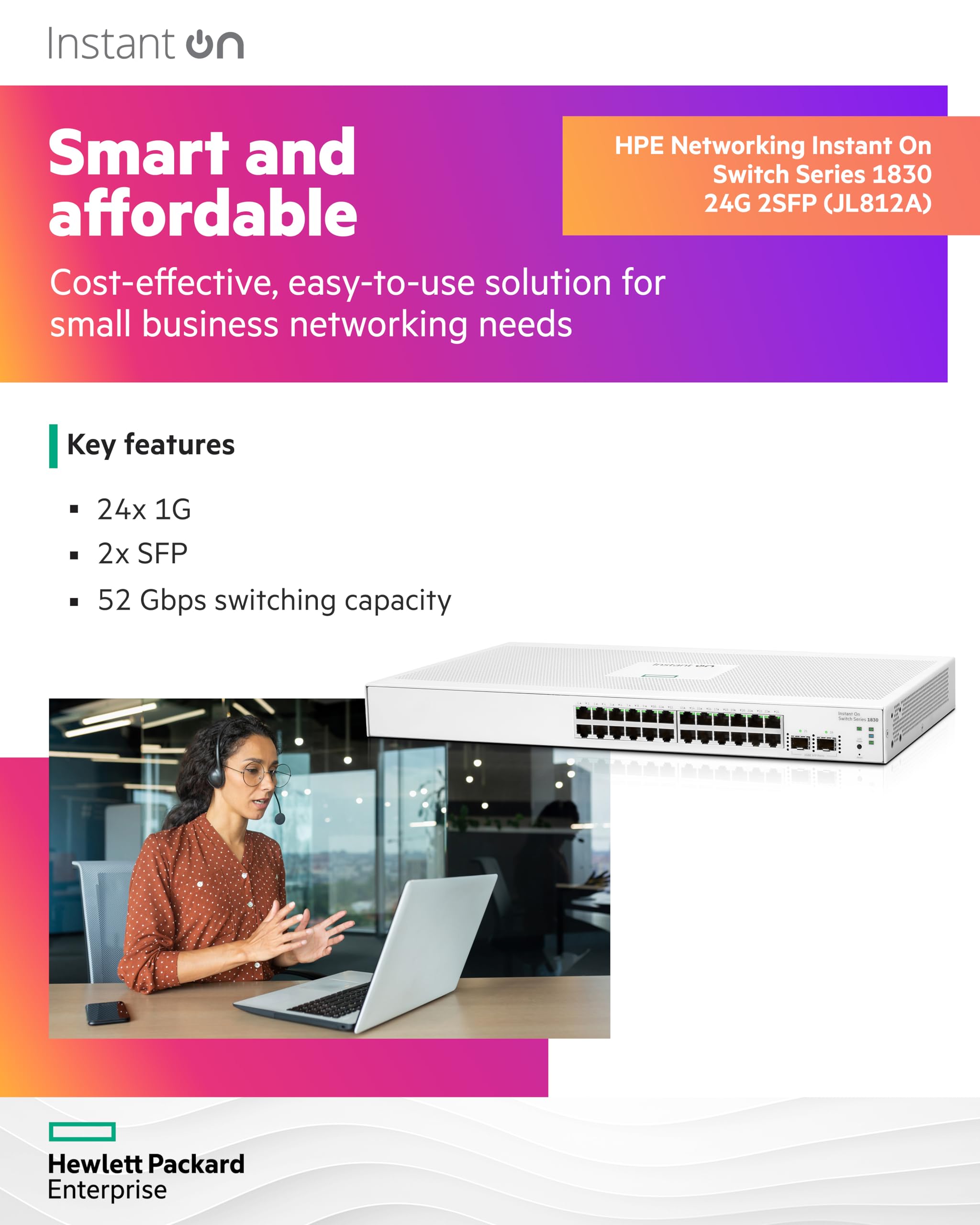HPE 1830 24-Port Gigabit Smart Managed Layer 2 Ethernet Switch | 24x 1G Ports + 2x SFP | Fanless Design | Plug-and-Play Setup | Ideal for Small Business Networks & Home Offices (JL812A#ABA)