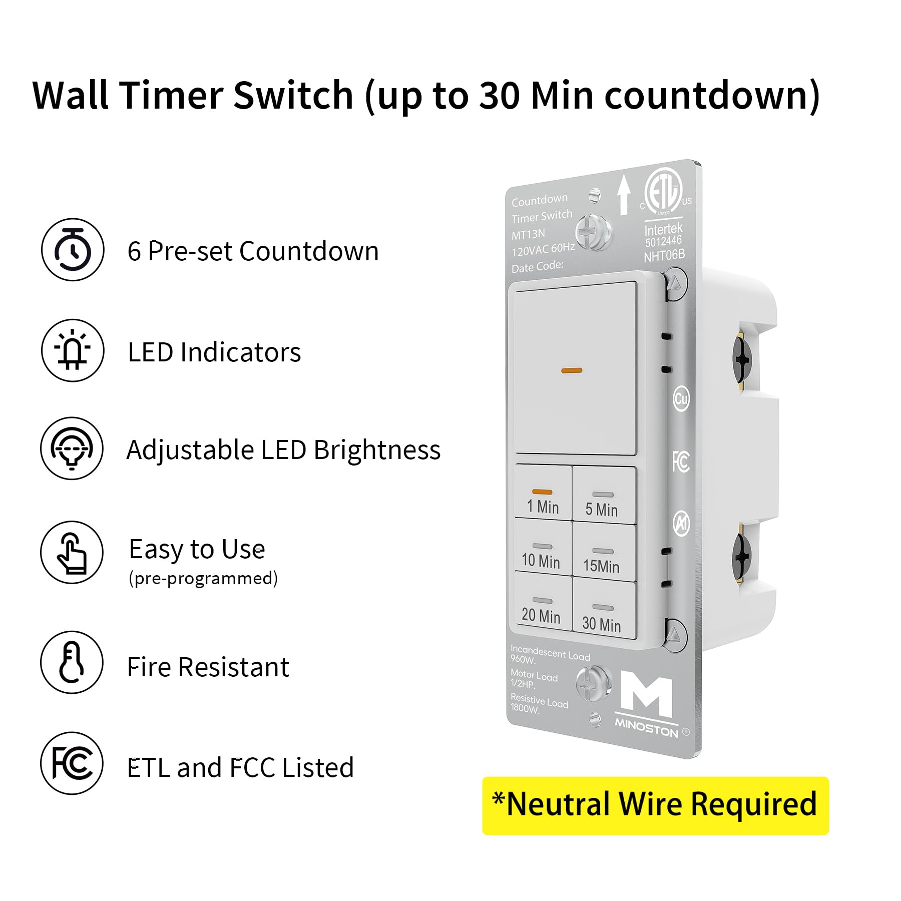 Minoston 30 Minute Countdown Timer Switch - Dimmable LED Indicator, 1-5-10-15-20-30 Minute Settings, Neutral Wire Required, 120V Wall Bath Fan Timer (White, MT13N) - Perfect for Bathroom Exhaust Fans, Lights, and Ventilation Systems
