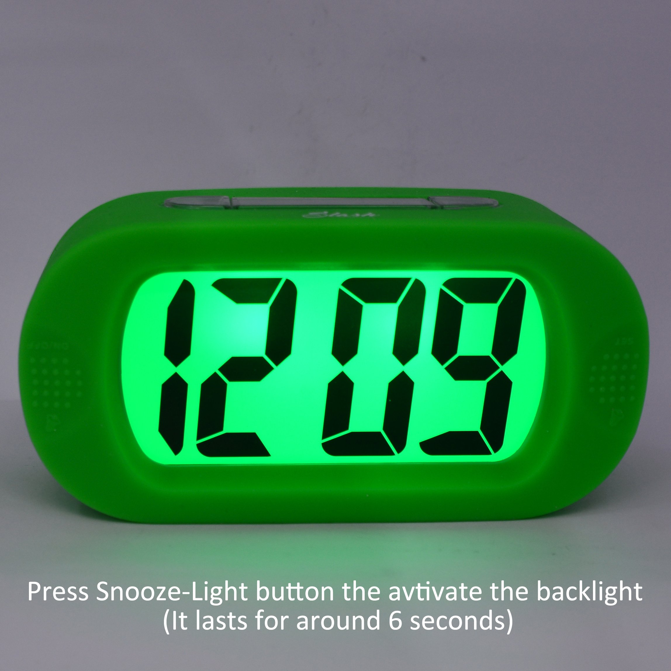 Easy Setting Digital Alarm Clock with Large LCD Screen, Bold Numbers & Snooze - Silent Battery Powered Bedside Clock with Night Light - Perfect for Bedroom, Office, Desk & Travel (Green, Model S10109)
