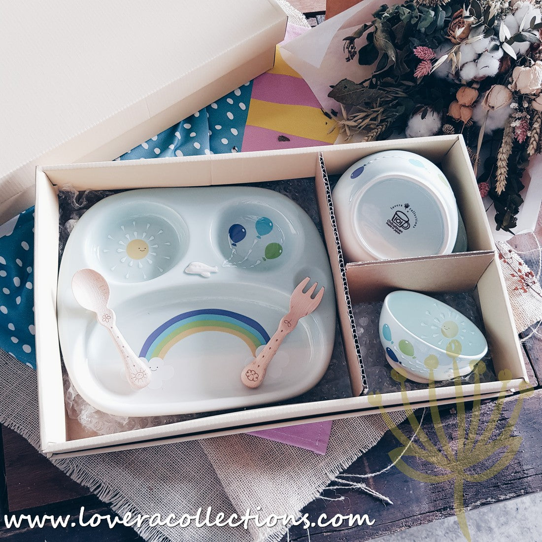 Chikudouen x Lovera Blue Balloon Kids Dinnerware Set - 4-Piece Children's Tableware Gift for Birthday & Holidays (Plates, Bowls, Cups & Utensils) - Perfect for Parties, Daily Meals & Special Occasions