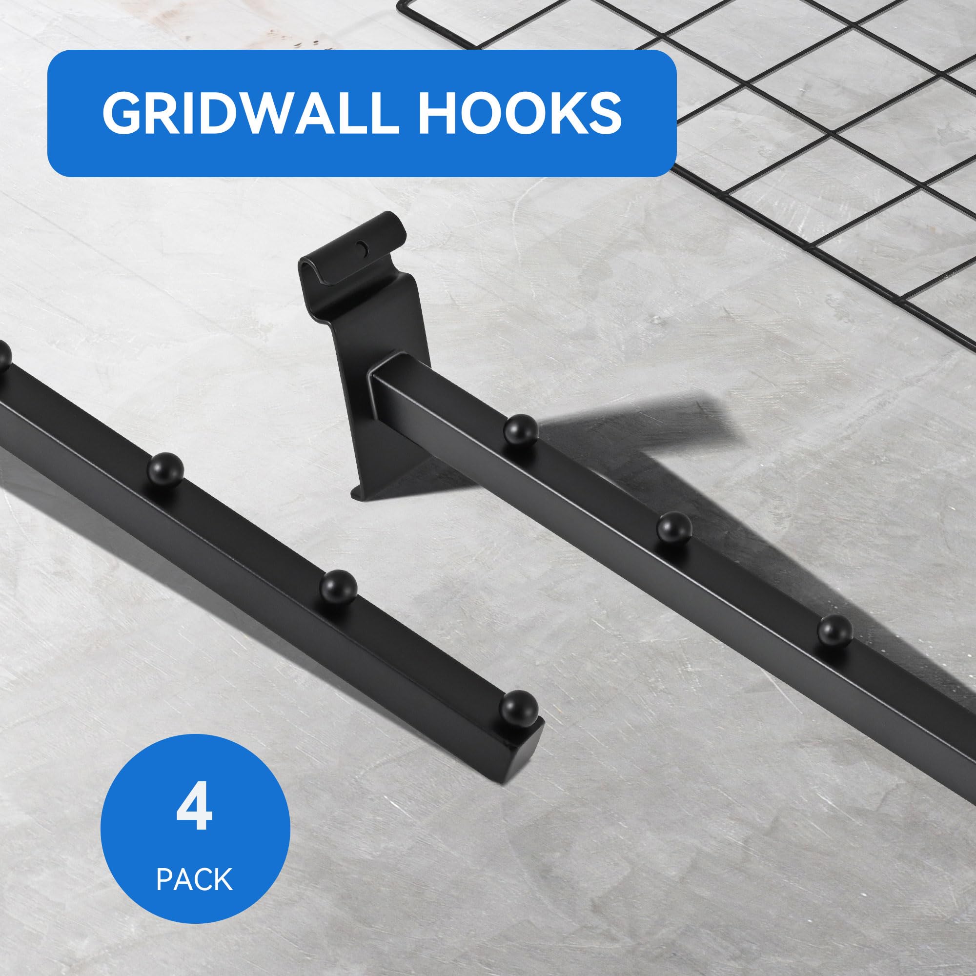 6 Ball Waterfall Grid Wall Hooks - Black Set of 4 - Heavy Duty Wire Grid Wall Hangers for Clothing, Shirts, Retail Displays & Vendor Events - Perfect for Store Fixtures, Boutique Racks & Trade Show Merchandising