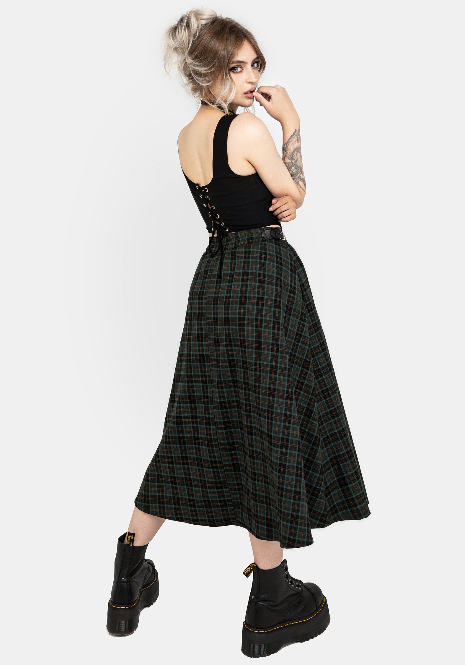 Elegant Nightingale Buckled Check Midi Skirt for Women - Vintage Plaid A-Line Skirt with Adjustable Belt - Perfect for Office, Date Night & Fall Fashion