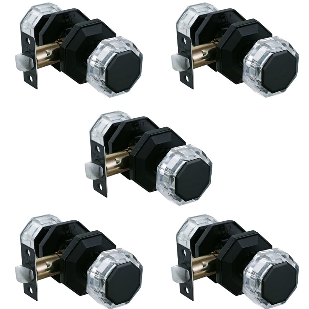 HISAFE 5-Pack Crystal Glass Octagon Door Knobs - Matte Black Keyless Entry for Closet, Hallway & Interior Doors | Modern Home Decor & Easy Installation
