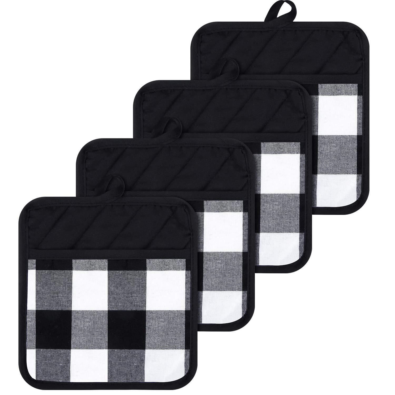 4-Piece Buffalo Check Pot Holders with Pockets - Black and White Plaid Kitchen Gloves for Cooking, Baking & Grilling - Heat Resistant Oven Mitts for Holiday Decor & Home Use