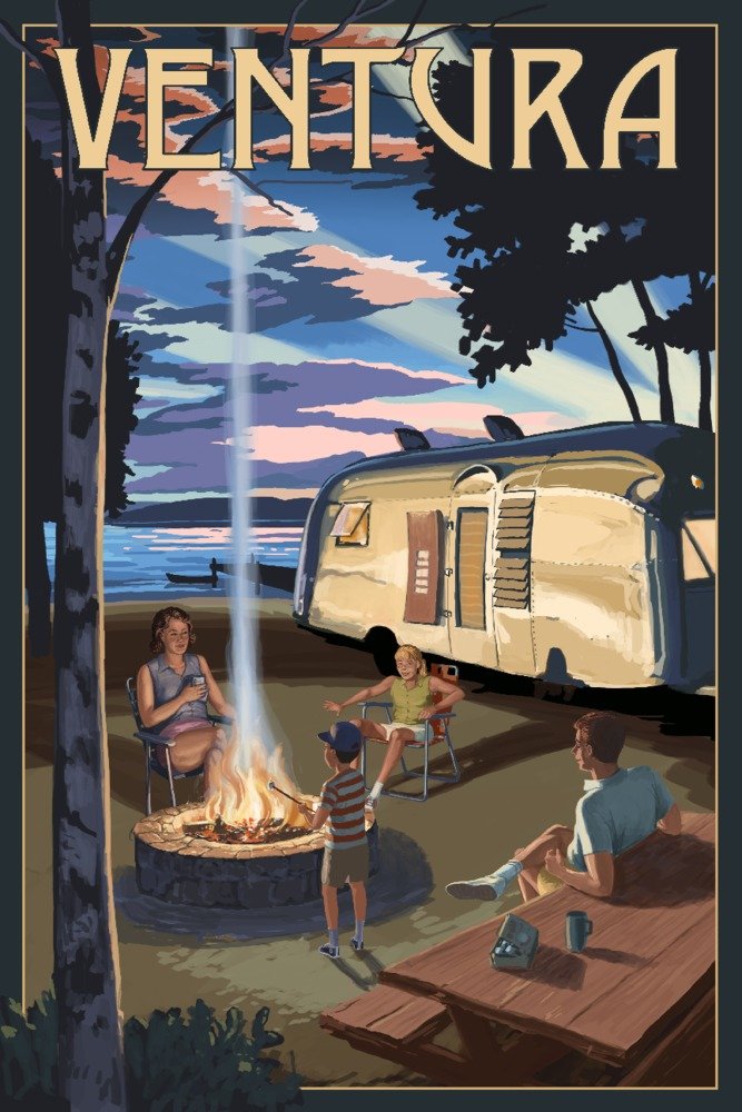 Ventura California Retro Camper and Lake Wall Art - 16x24 Gallery Quality Metal Print - Aluminum Home Decor for Living Room, Bedroom, Office - Vintage Travel & Nature Inspired Decor