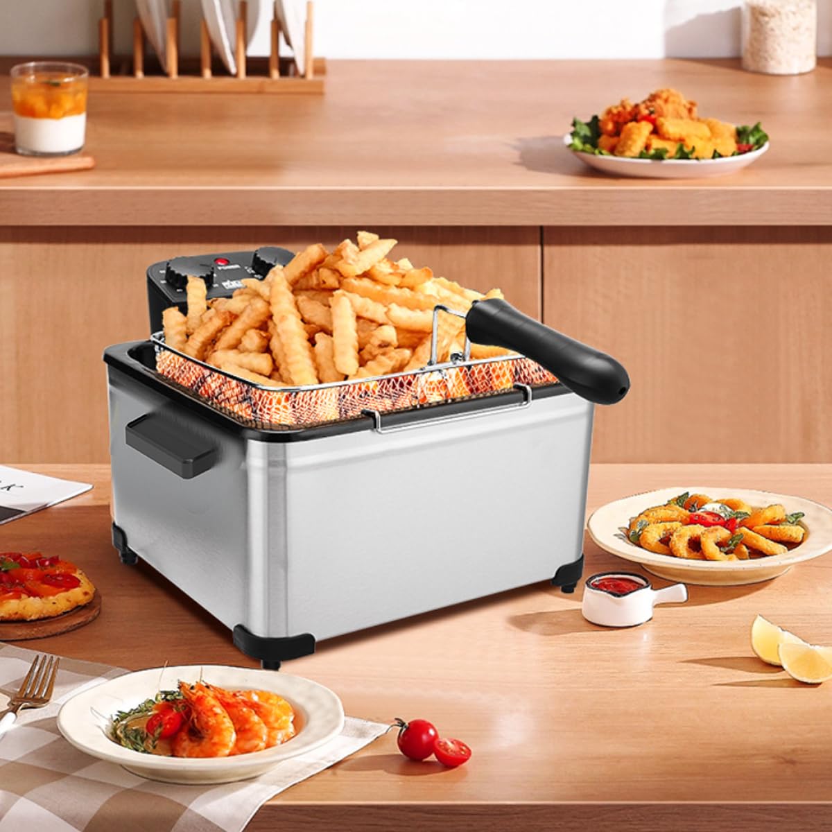 1800W 5L/21 Cup Commercial-Grade Stainless Steel Deep Fryer with Adjustable Thermostat, View Window Lid & 3 Frying Baskets - Perfect for Home Kitchen, Restaurants, Frying Chicken Wings, Fish, Donuts & French Fries