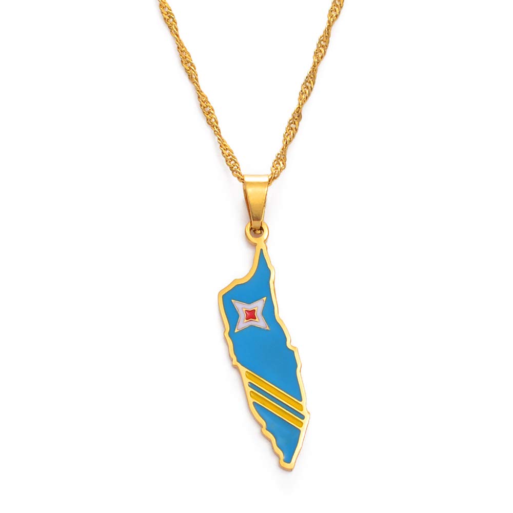 Aruba Map & Flag Pendant Necklace - 24K Gold Plated Thin Chain Jewelry for Men & Women - 60cm Island-Themed Gift for Curacao Lovers - Perfect for Travel Enthusiasts & Caribbean Culture Fans
