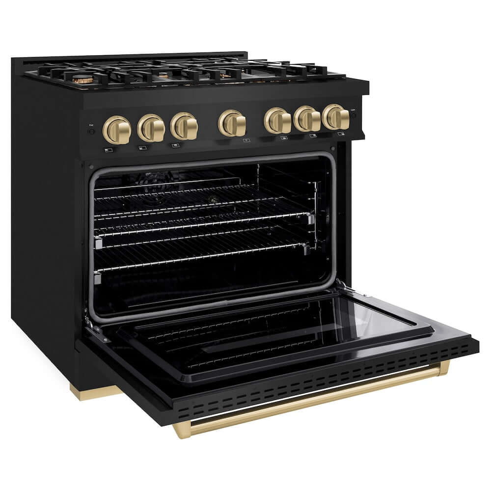 ZLINE Autograph Edition 36 Inch 5.2 Cu. Ft. Classic Gas Range - 6 Burner Cooktop with Convection Gas Oven in Black Stainless Steel & Champagne Bronze Accents (CGRBZ 36 CB) - Perfect for Professional Home Chefs & Modern Kitchen Upgrades