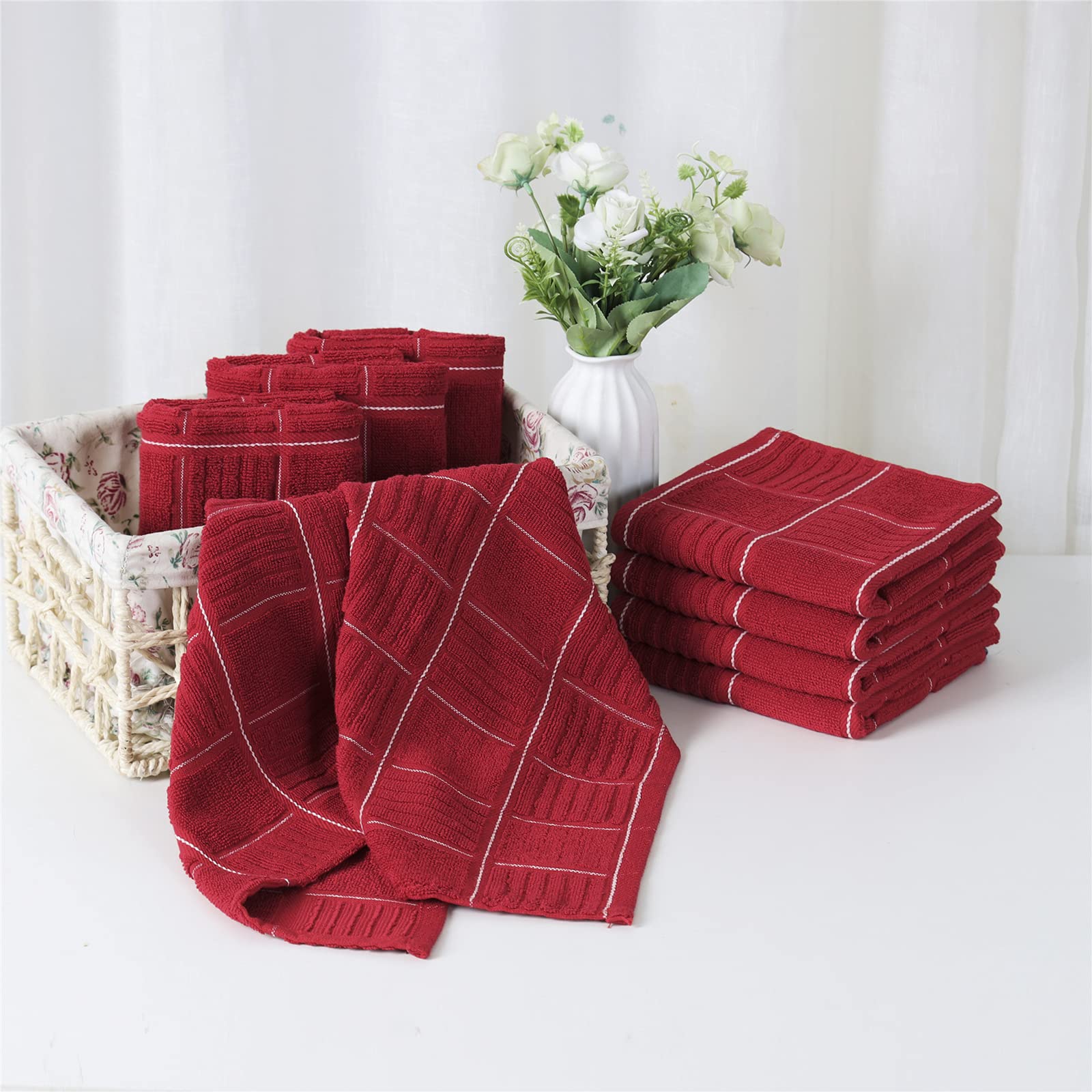 Glynniss 8-Piece Red Kitchen Towel Set - Super Absorbent Dish Towels & Cloths for Washing Dishes, Cleaning & Drying - Perfect for Kitchen, Restaurant & Household Use