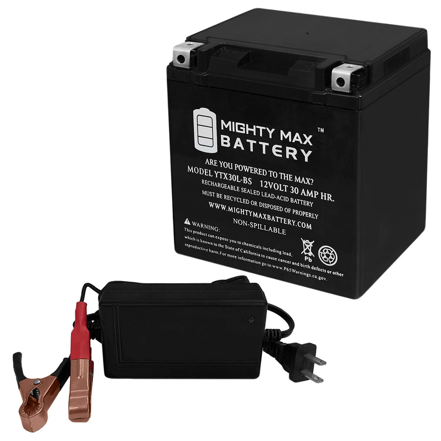 Mighty Max YTX30L-BS 12V 18Ah AGM Battery with 12V 4A Charger - Compatible with Piaggio Ape Car, Power Sports & UTVs - Perfect for Motorcycles, ATVs, Scooters and Outdoor Power Equipment
