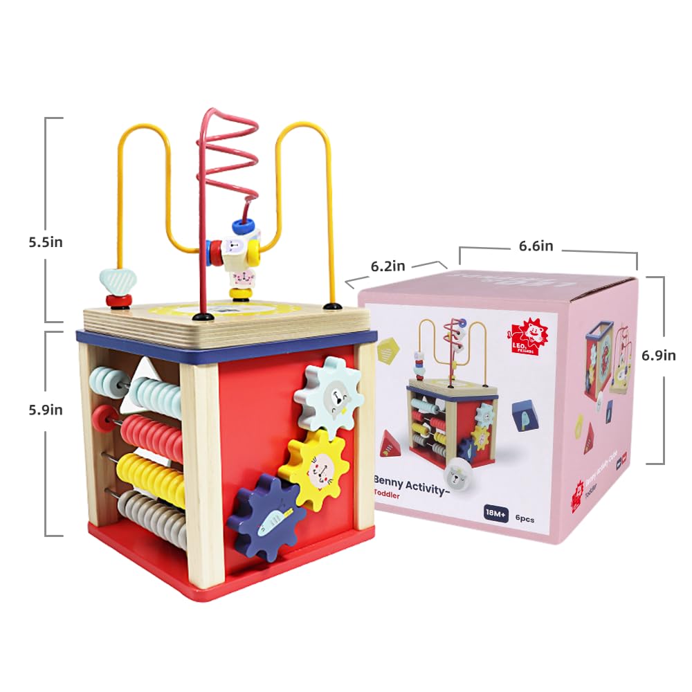LEO & FRIENDS 5-in-1 Activity Cube Wooden Toys for 1-2 Year Old Girls, Montessori Bead Maze & Shape Sorter, Preschool Learning Toys for 12-18 Months, Perfect for Home, Daycare & Travel