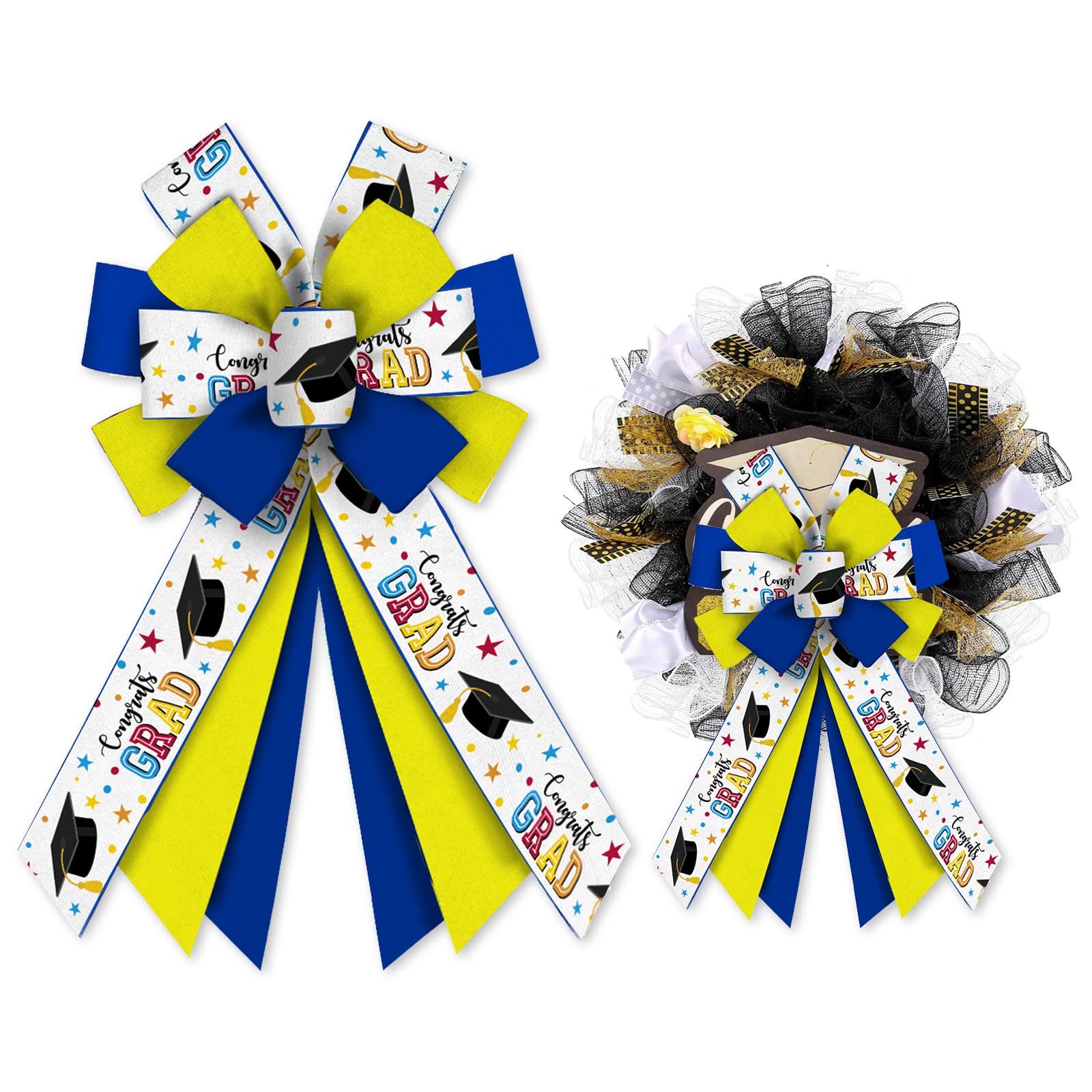 ALIBBON Graduation Wreath Bows - Blue Yellow Burlap Decor for Doors & Parties