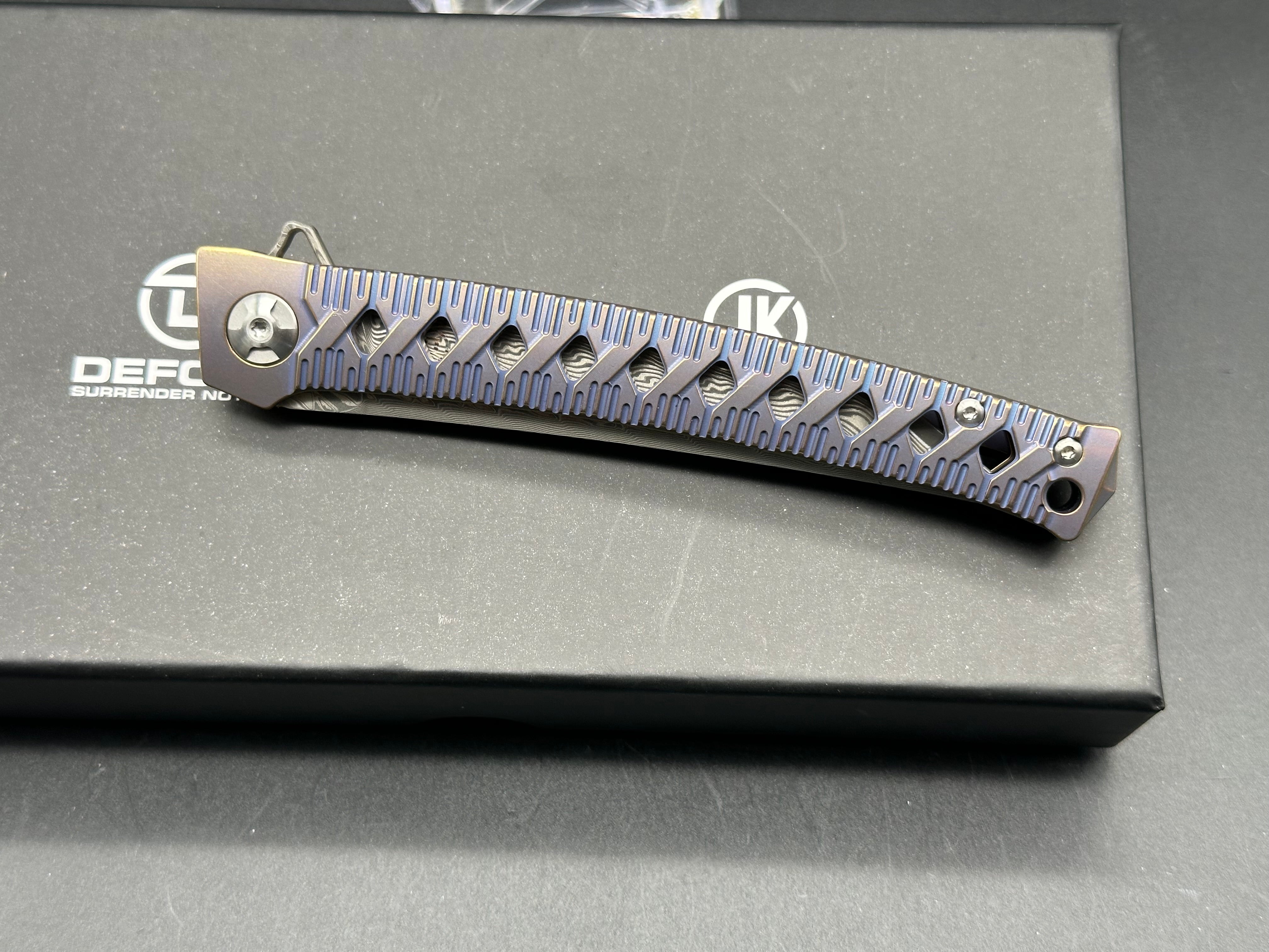 DEFCON JK Series Folding Knife - Damascus Steel Blade with Bronze Titanium Handle - EDC Pocket Knife for Camping, Hiking & Outdoor Survival