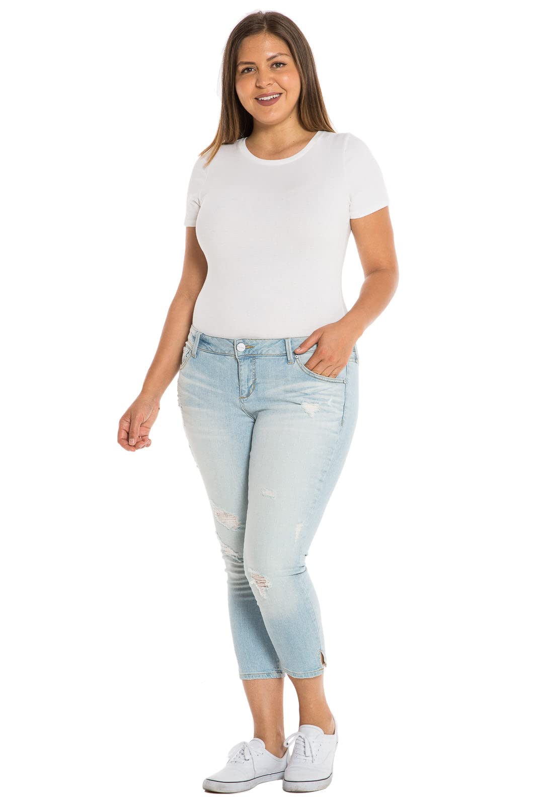 Premium Women's Plus Size Stretch Crop Jeans - Light Blue | Comfortable High-Waisted Slim Fit Denim Pants for Curvy Figures | Perfect for Casual Outings, Date Nights & Office Wear