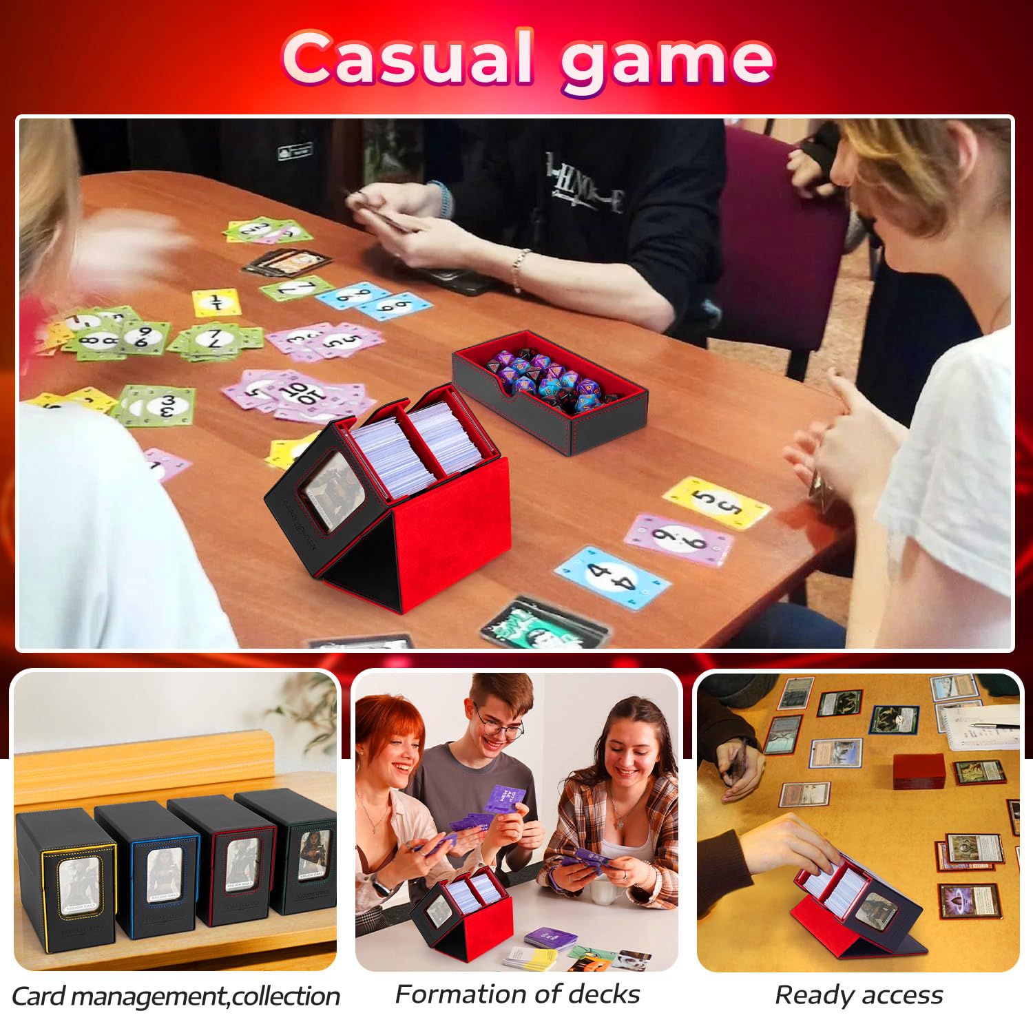 Premium Commander Deck Box for Magic TCG - 4-in-1 Storage Case with Dice Tray & 4 Dividers - Holds 230 Cards (Black/Red) - Perfect for MTG Tournaments, Card Collection & Game Nights