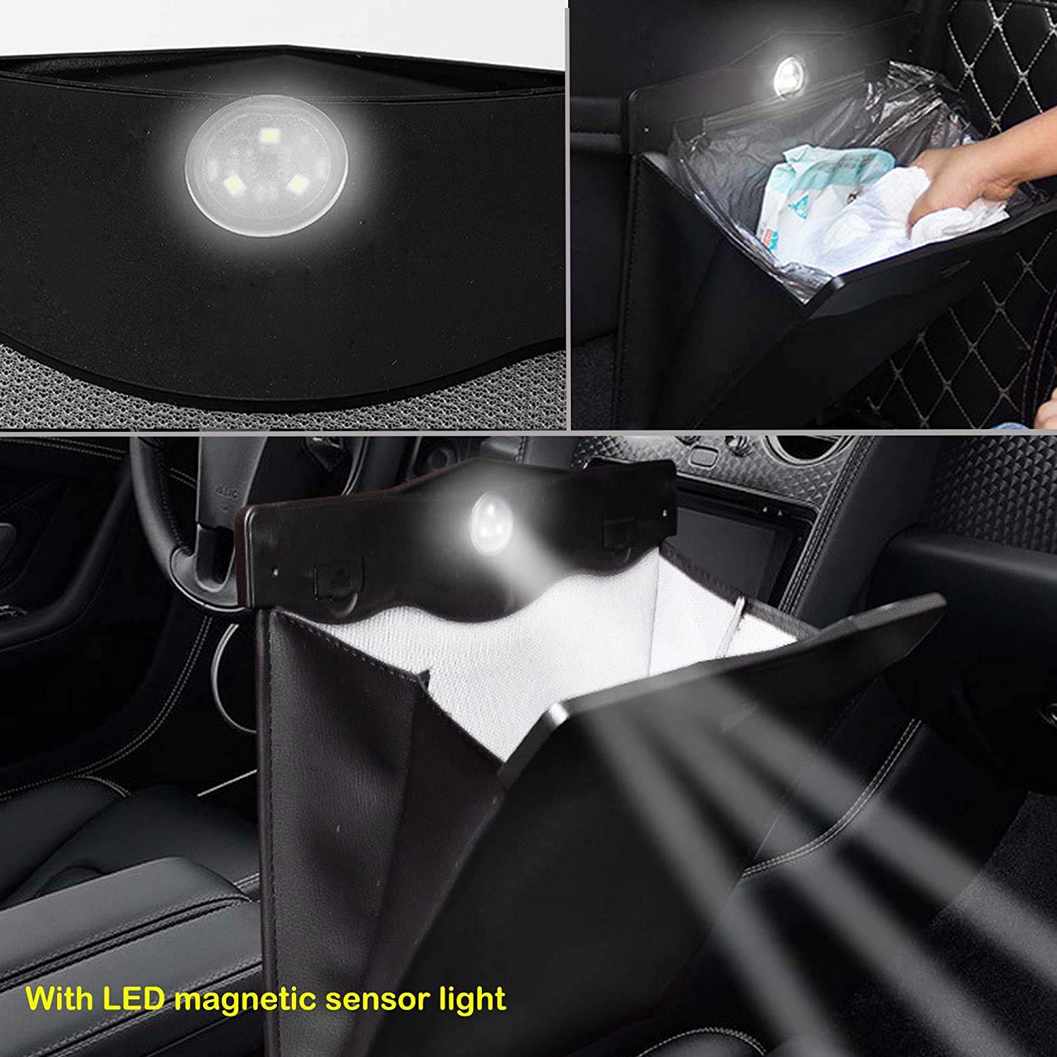Smart LED Car Trash Can with 4-Gallon Disposable Bags (150 Count) - Waterproof Leather Storage Pocket | Portable Garbage Bin for Car, Bathroom, Home, Bedroom & Office | Perfect for Road Trips, Daily Commute & Home Organization