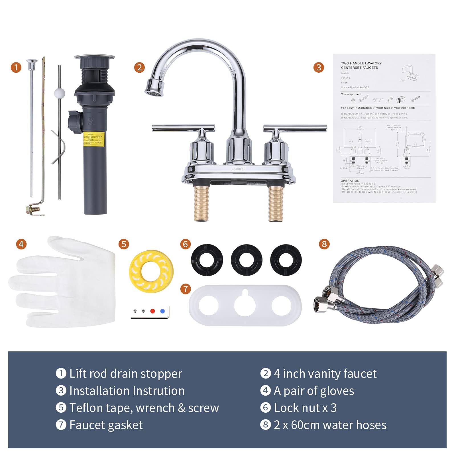 WOWOW Chrome 3 Hole Bathroom Sink Faucet - 2 Handle Centerset 4 Inch Vanity Faucet with Lift Rod Drain Stopper & Supply Lines | Modern Water Tap for Bathroom Sink, Vanity, Powder Room & Guest Bath Installation