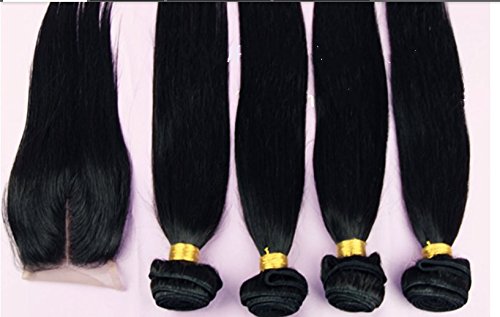 Virgin Indian Remy Human Hair 3 Bundles with 4x4 Lace Closure - 3 Way Part 1PC Straight Natural Color Hair Extensions (Can Be Dyed) - Perfect for Styling, Weaving & Daily Wear