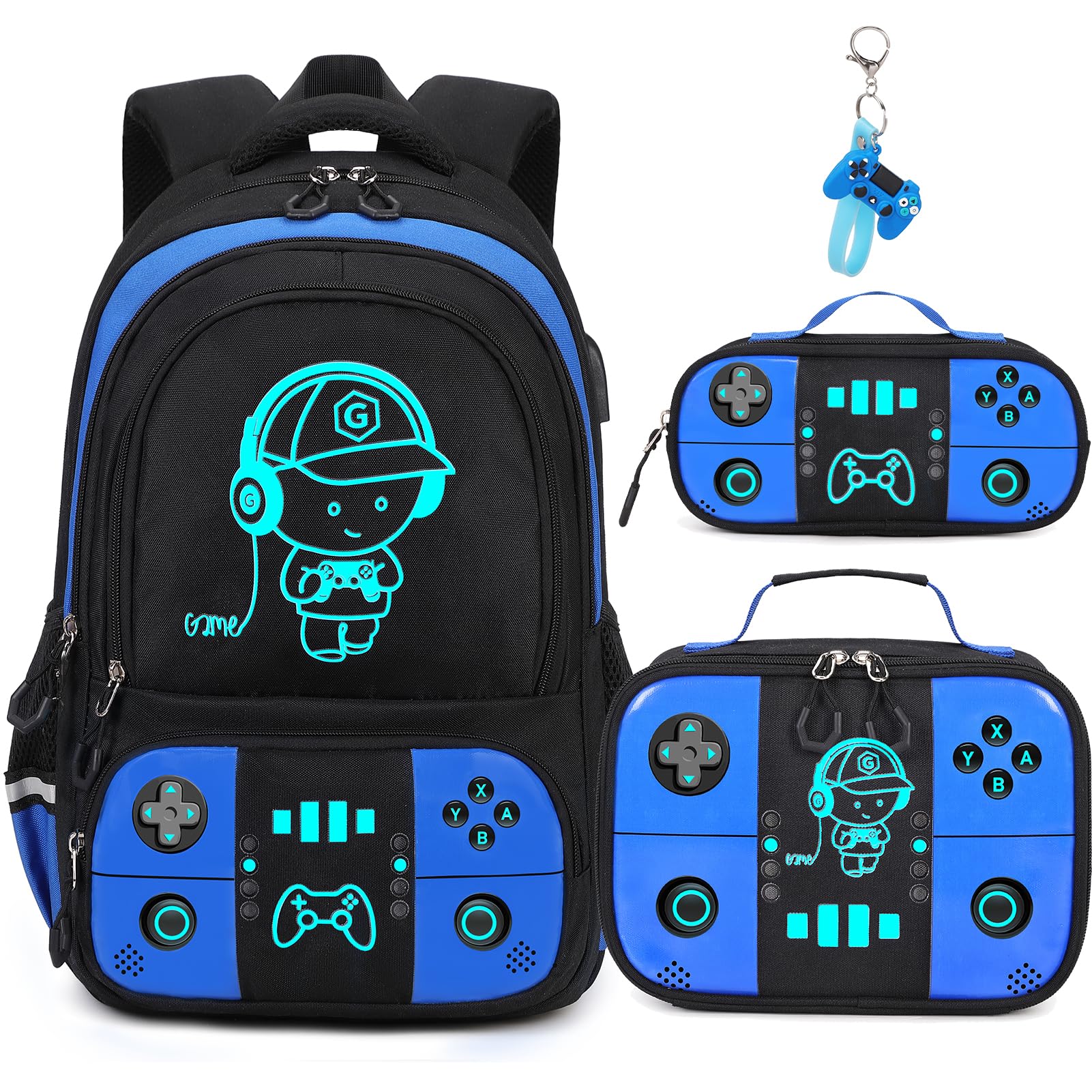 Bevalsa Luminous Gamer Backpack for Boys - Waterproof School Backpack with Lunch Box & Pencil Pouch Set - Perfect for School, Gaming, Travel & Outdoor Activities
