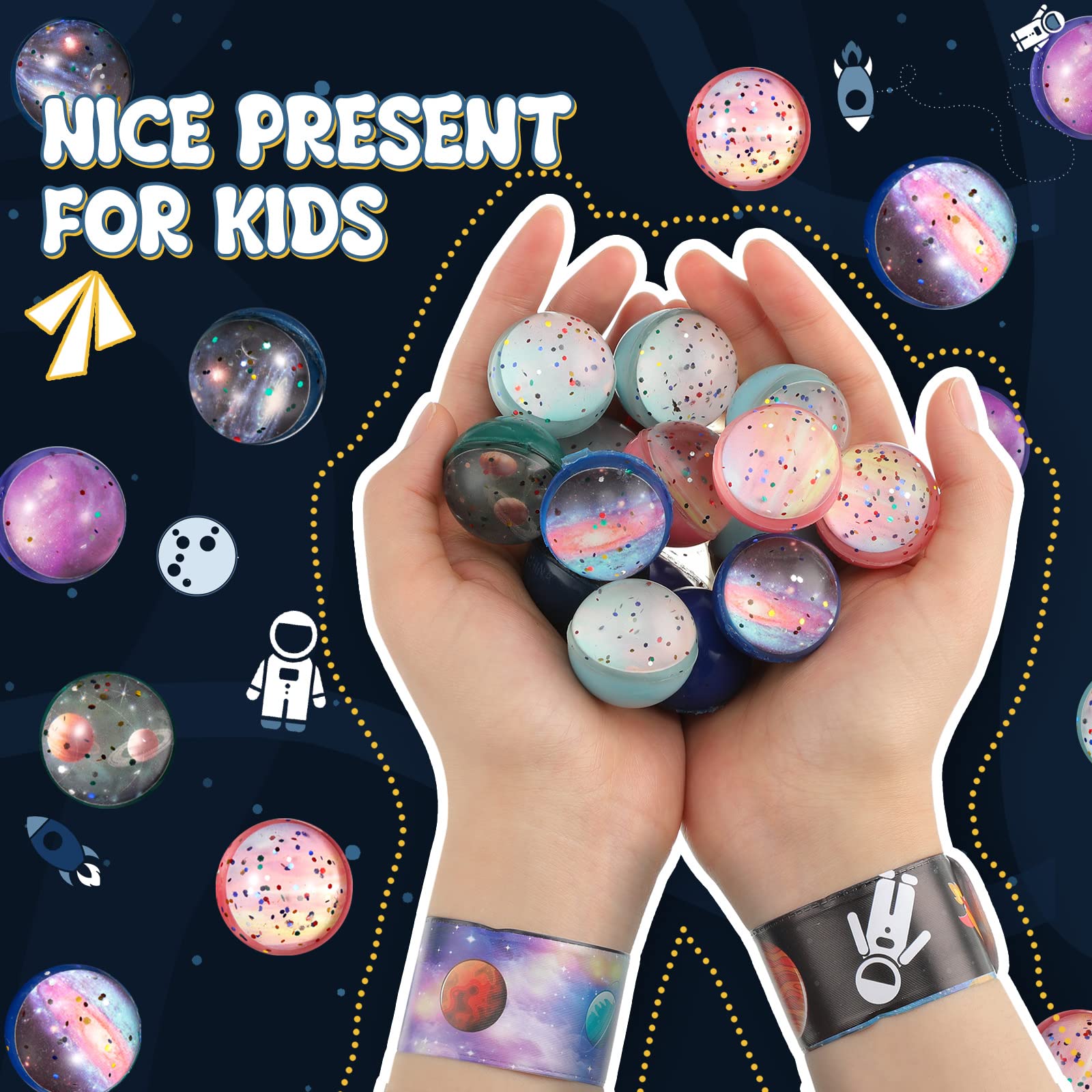 32-Piece Space Party Favors Set - 16 Galaxy Slap Bracelets & 16 Rubber Bouncy Balls for Outer Space Birthday, Classroom Rewards, Goodie Bag Fillers & Kids' Party Supplies